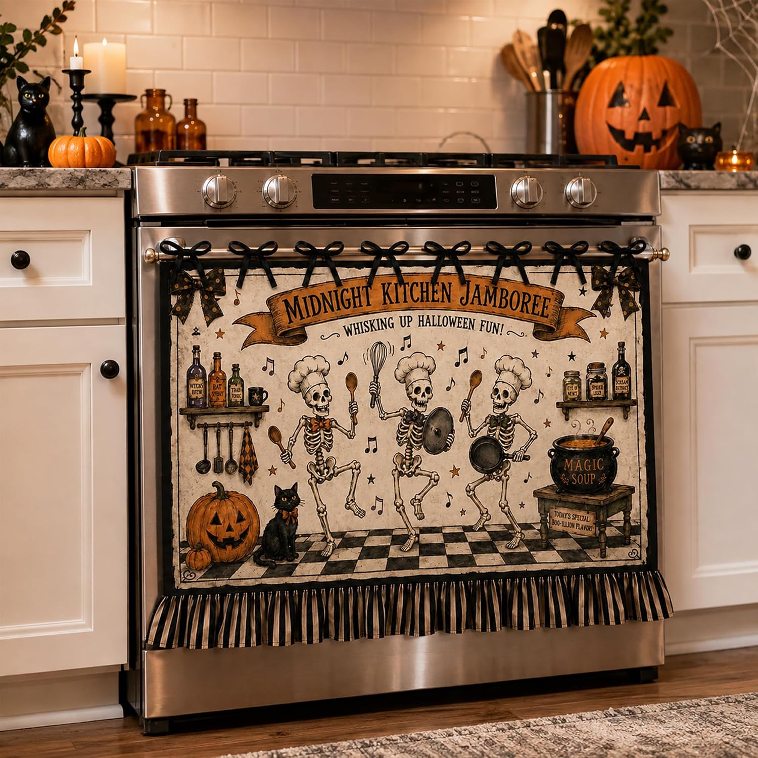 Halloween Oven Skirt Decoration, 3 funny Skeleton Chefs Kitchen Decor