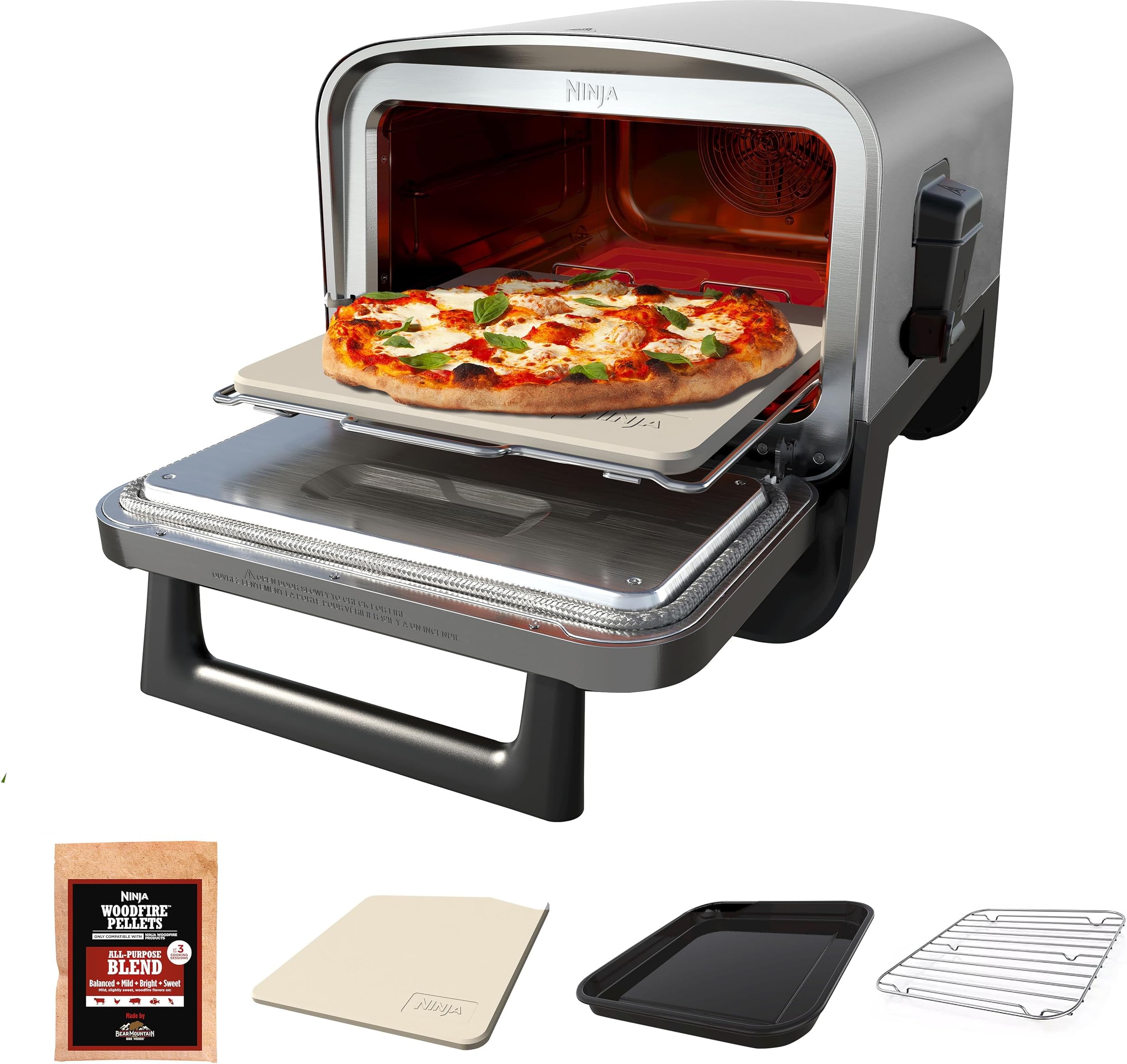 Ninja Woodfire Outdoor Pizza Oven, 8-in-1 Portable Electric Roaster Oven, Heats up to 700°F, 5 Artisan Pizza Settings, Integrated BBQ Smoker Box, Includes Flavored Wood Pellets, Grey (Renewed)