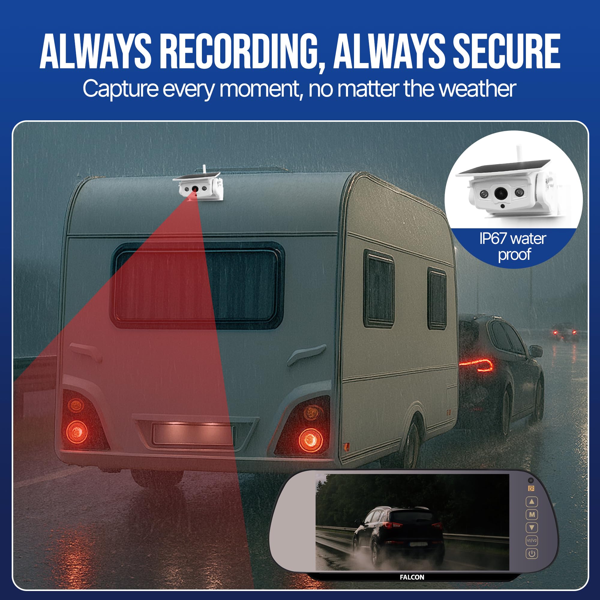 Falcon HD Magnetic Wireless Camera System + 7″ Mirror Monitor with DVR Recording Function – No Drilling Required