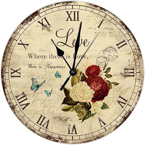 There is Love Clock Antique Rose Hanging Wall Clock Hellow Spring 10inch Silent Non-Ticking Battery Operated Home Frameless Clocks for Bedroom