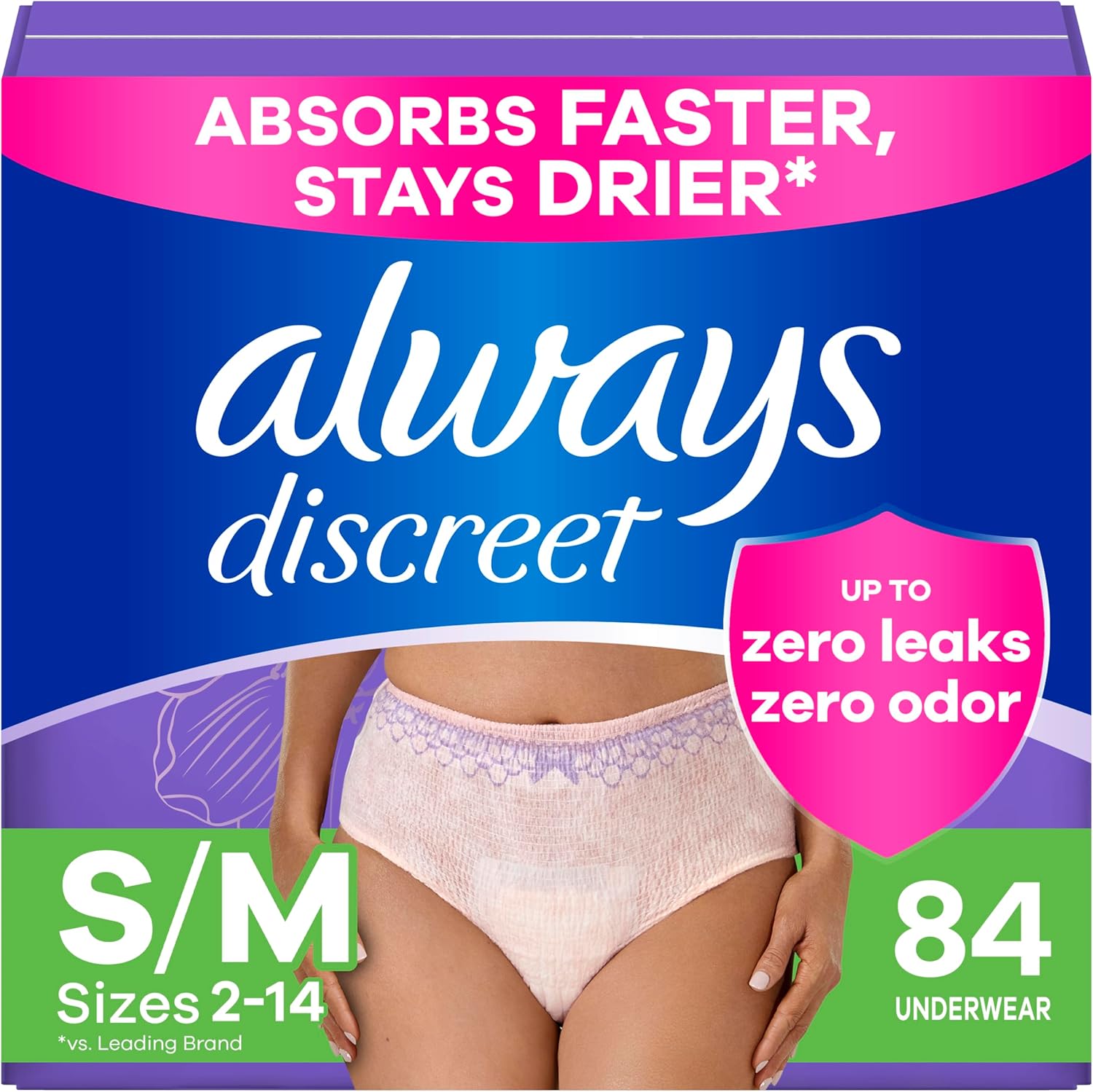 Always Discreet Adult Incontinence Underwear for Women and Postpartum Underwear, Small/Medium, Up to 100% Bladder Leak Protection, 84 Count (2 Packs of 42) Small/Medium 84