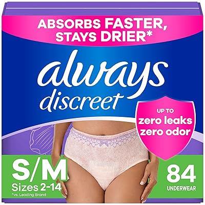 Always Discreet Adult Incontinence Underwear for Women and Postpartum Underwear, Small/Medium, Up to 100% Bladder Leak Protection, 84 Count (2 Packs of 42)