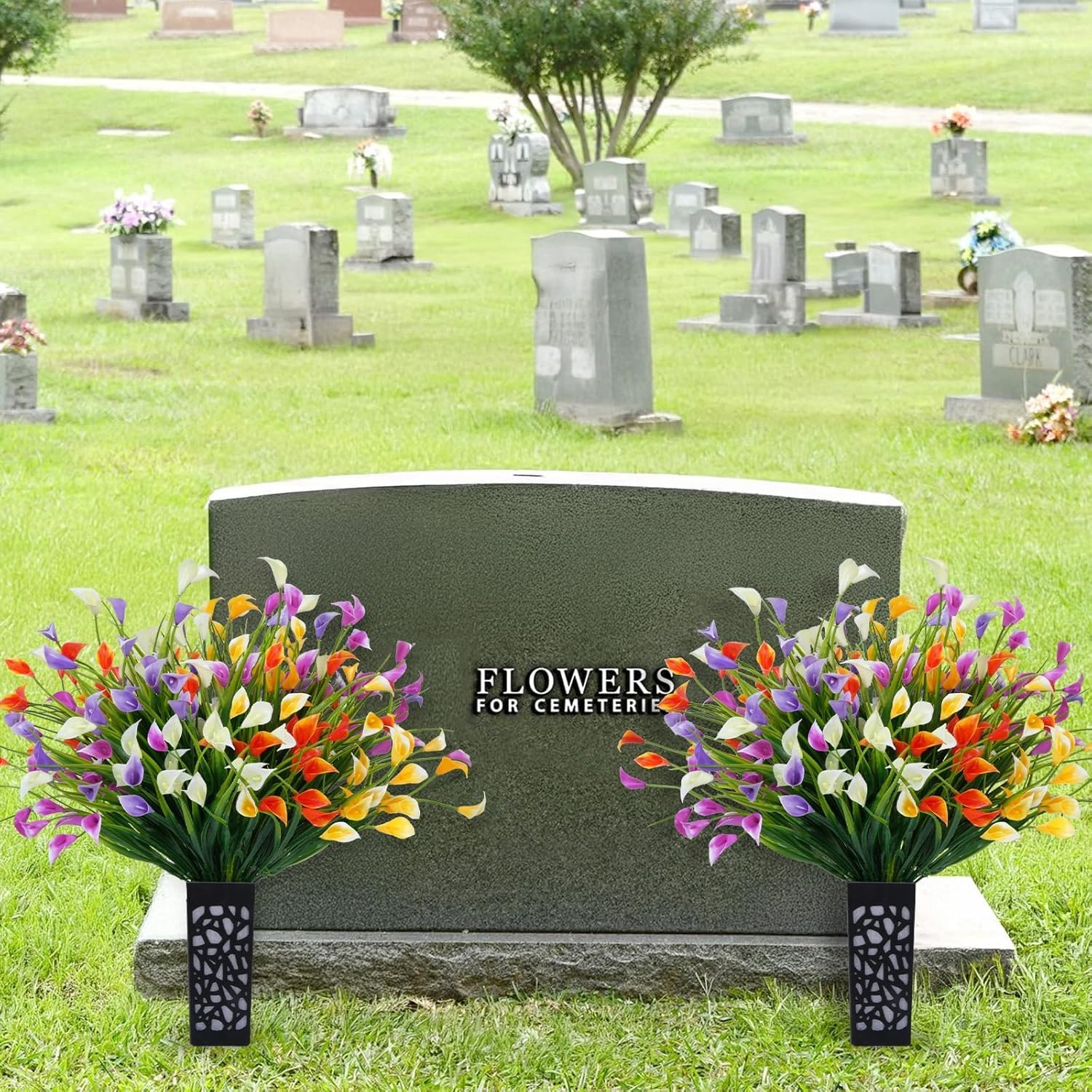 Zythrem 2 Sets Cemetery Flowers for Grave with Vase 22Inch UV Resistant Gravesite Decorations Vibrant and Long-Lasting Colors for Headstones Graveyard Memorial Day