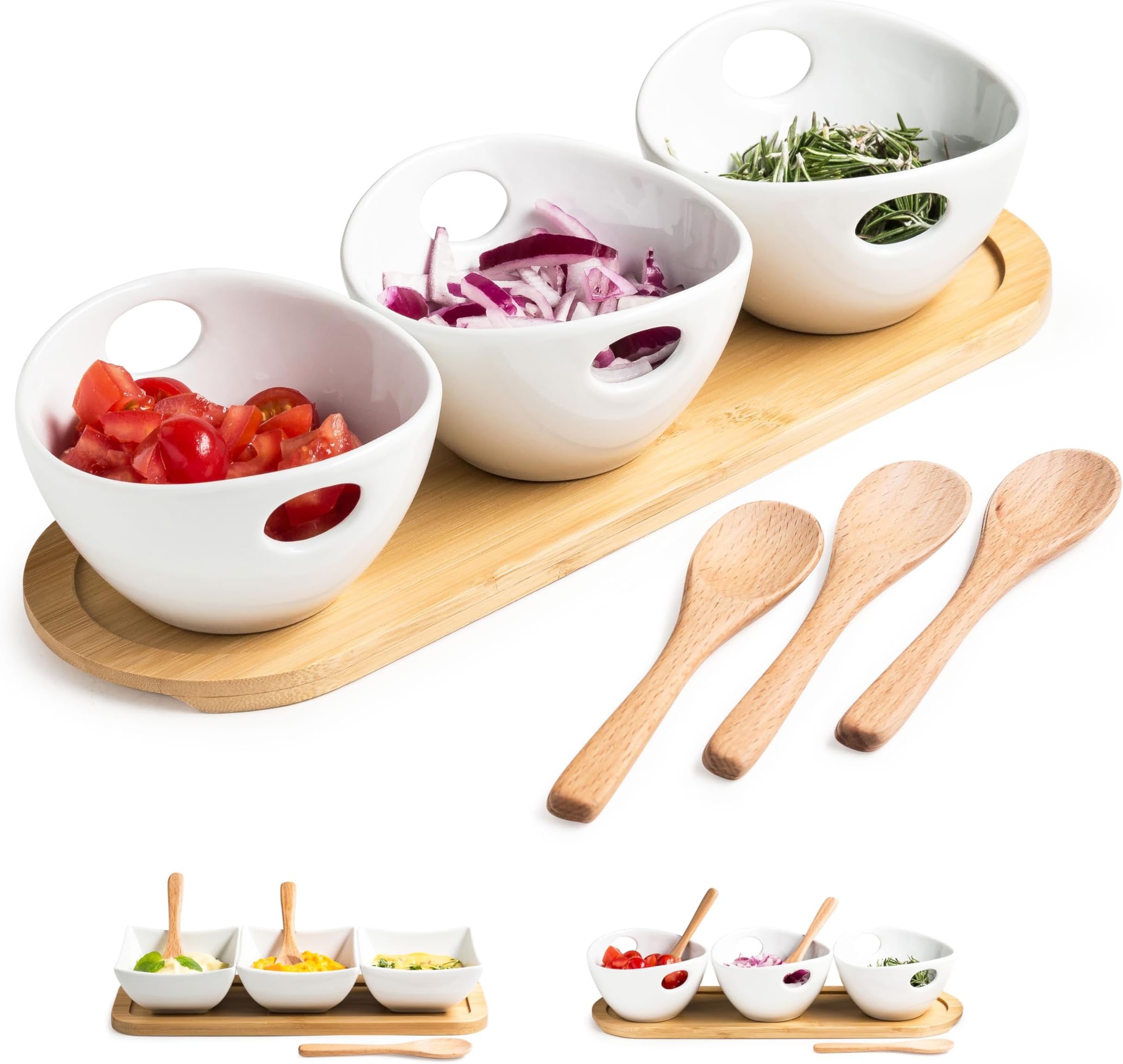Chip and Dip Serving Set, Dipping Sauce Bowls Divided Serving Dishes with Wooden Spoons, Ceramic Dip Bowl Display Serving Tray for Party Dinner Entertaining