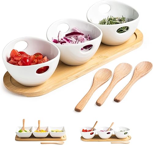 Miniatura 8 de Tazón de cerámica con bandeja para servir y cucharas, 3 tazas cuadradas para salsas, cuencos de inmersión para fiestas, platos de servir para