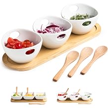 Miamolo Chip and Dip Serving Set, Dipping Sauce Bowls Divided Serving Dishes with Wooden Spoons, Ceramic Dip Bowl Display Serving Tray for Party Dinner Entertaining