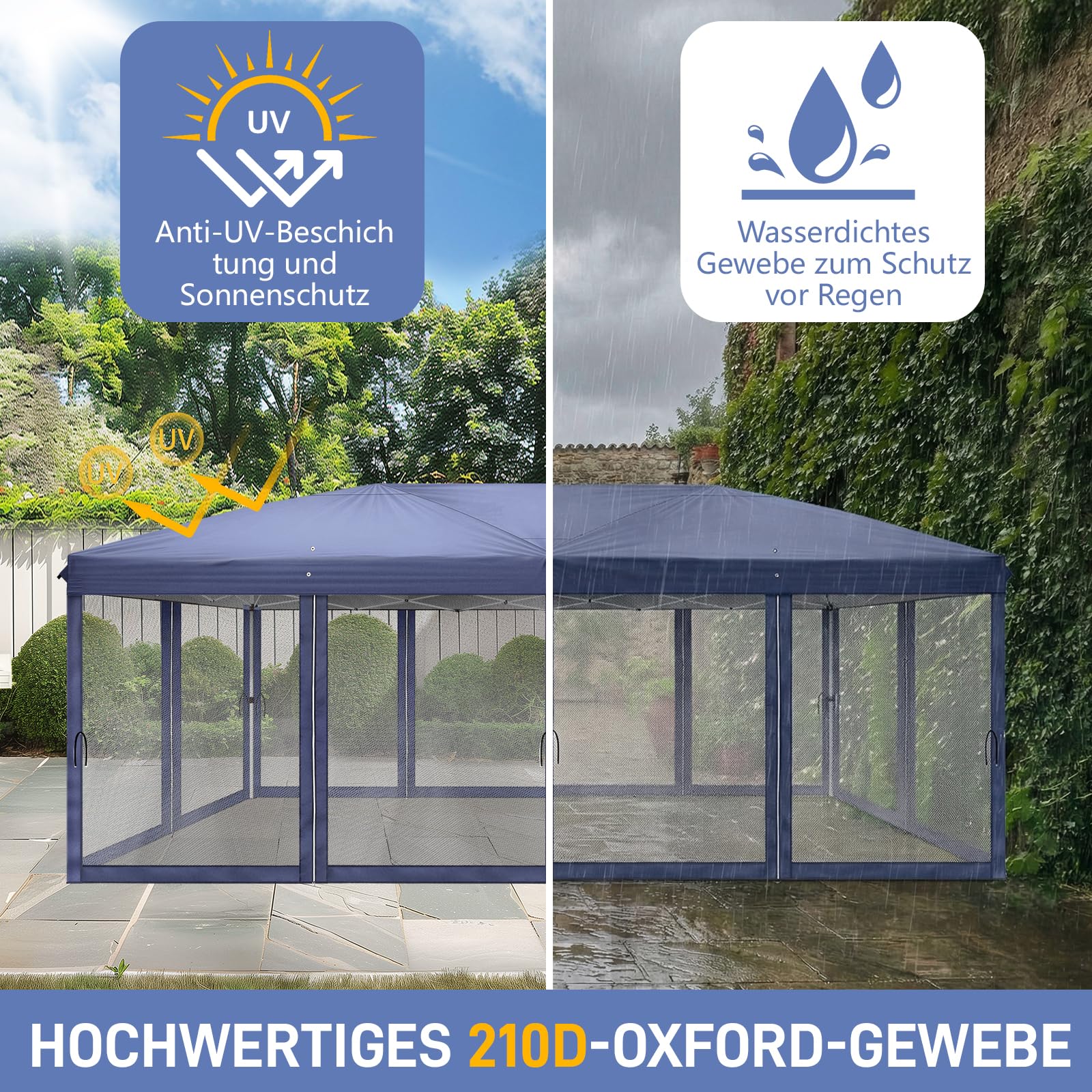 LEADZM - Carpa plegable 3 x 6 m - Impermeable - Protección UV 50+ - Ajustable en altura con 6 mosquiteros - Estable - Ideal para jardín, terraza, camping y uso comercial - Azul