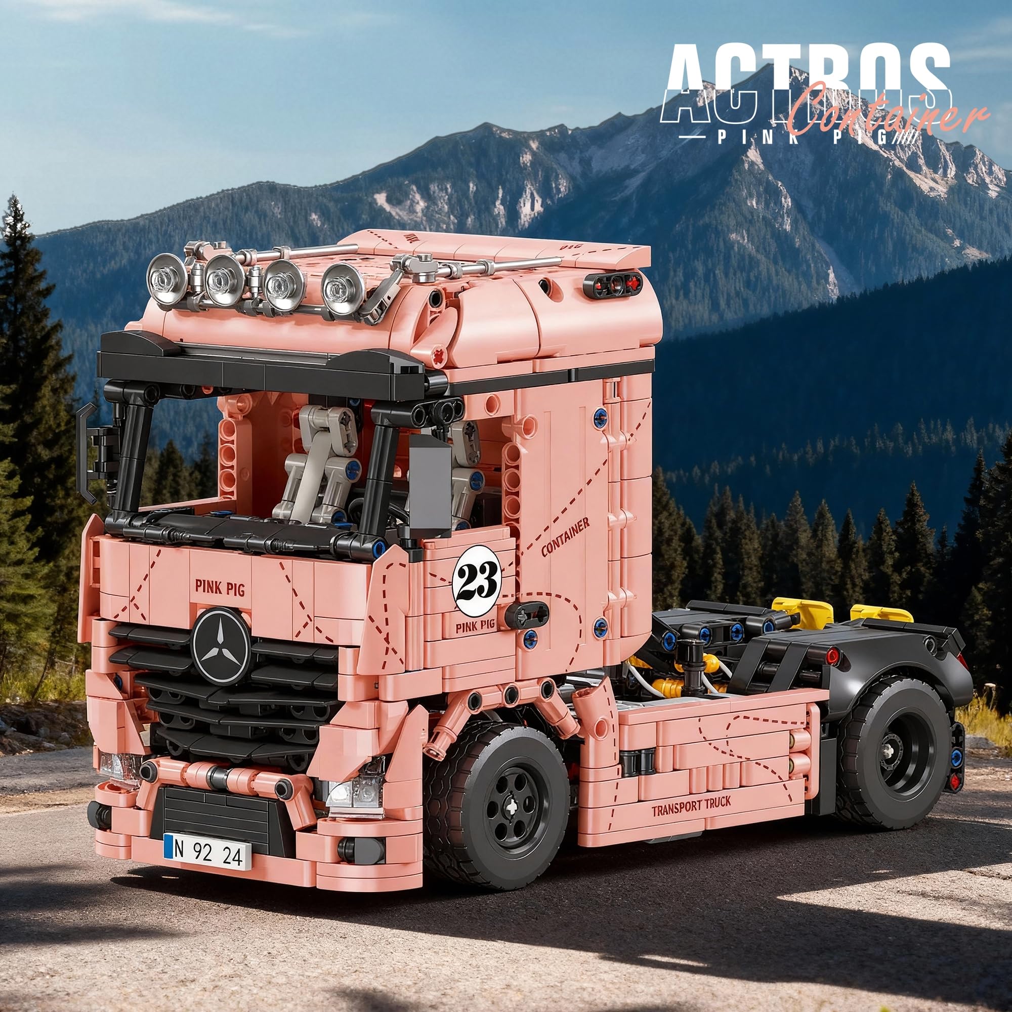 Technik Actros LKW Klemmbausteine Set für Erwachsene, 1296 Teile City Serie Lastwagen Bausteine Bausatz, Pink Pig Serie LKW Klemmbausteine für Idea Geschenk (Dynamische Version)