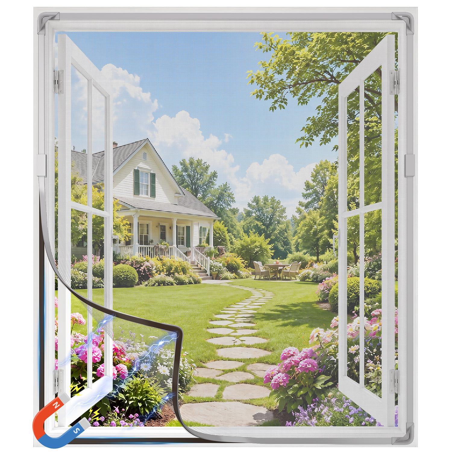 Qmioti Magnetic Fly Screen Window, 130x150cm Adjustable Window Screen with Full Frame Magnetic Strip, DIY Fiberglass Mesh to Keep Fly/Mosquito Out, Easy Install (Grey Frame Grey Mesh)