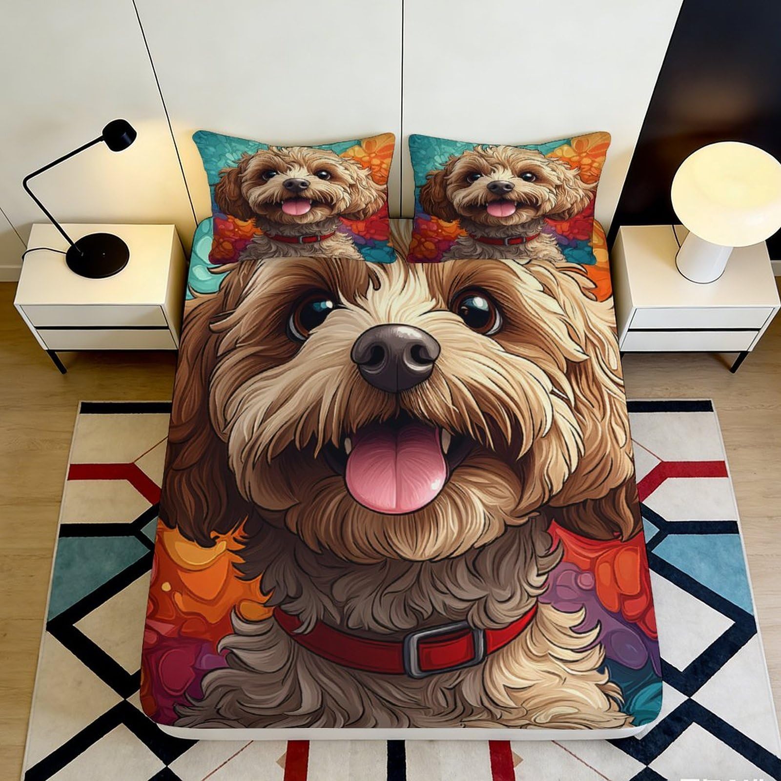 3D Printed Cartoon Dog Fitted Sheet Microfiber Soft Colorful Pet Art Mattress Cover for Bedroom Dorm Decor 120x200cm 140x200x25cm