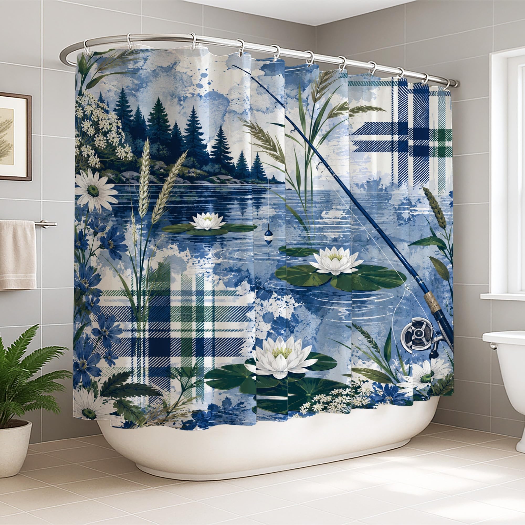 Rideau de douche extra large 274x183 motif lys pour salle de bain rustique