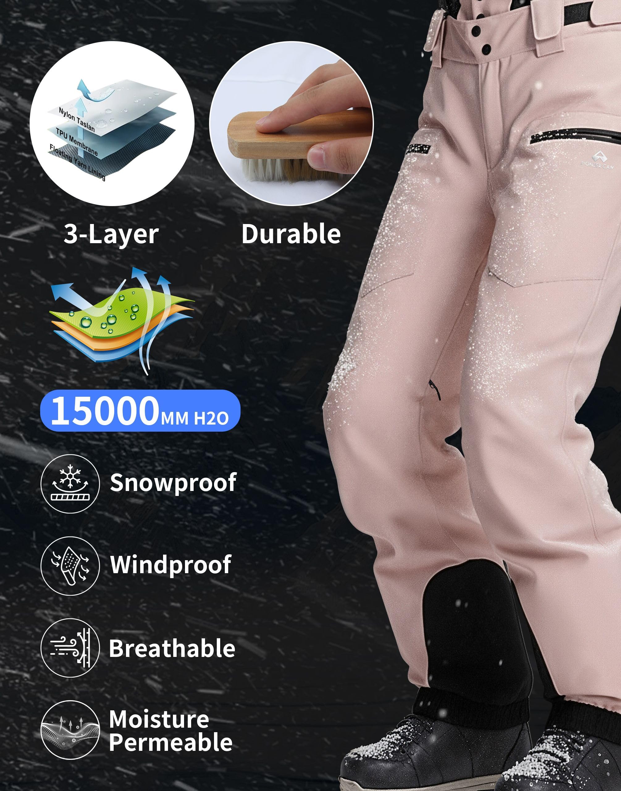 Pioneer Camp Pantaloni Sci Donna Con Bretelle 15000mm Impermeabile Antivento Salopette Neve,Ghetta Antineve Rimovibile e Tasche Imbottito Fodera Calda Pantaloni Snowboard Per Inverno Sport Aria Aperta
