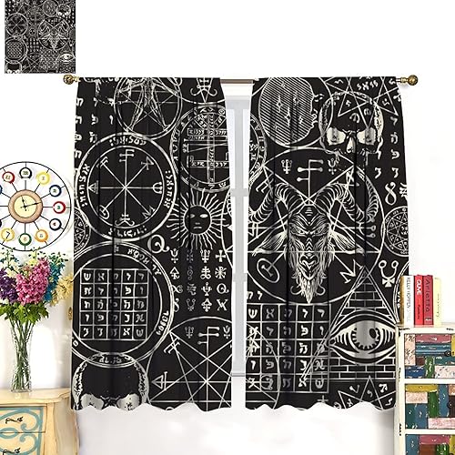 Vista 157 de Cortinas de cabeza de cabra, misteriosa cabeza de cabra malvada, calavera negra, bolsillo para barra, cortinas opacas para ventana, juego de 2