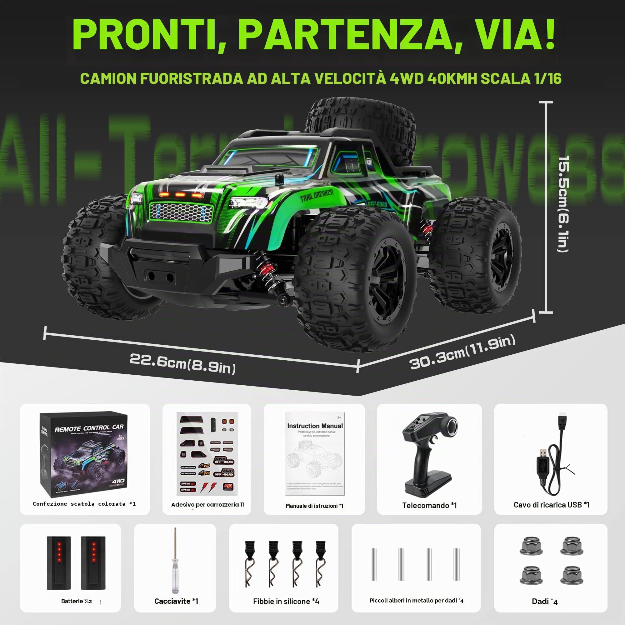 BAZADER Macchina Telecomandata Auto Telecomandate - 1:16 Macchina Radiocomandata con luci RGB respiranti 40 Km/H 4WD 2 Batterie - 2,4 Ghz Giocattolo Per Tutti I Terreni Auto Veloci Ricaricabili