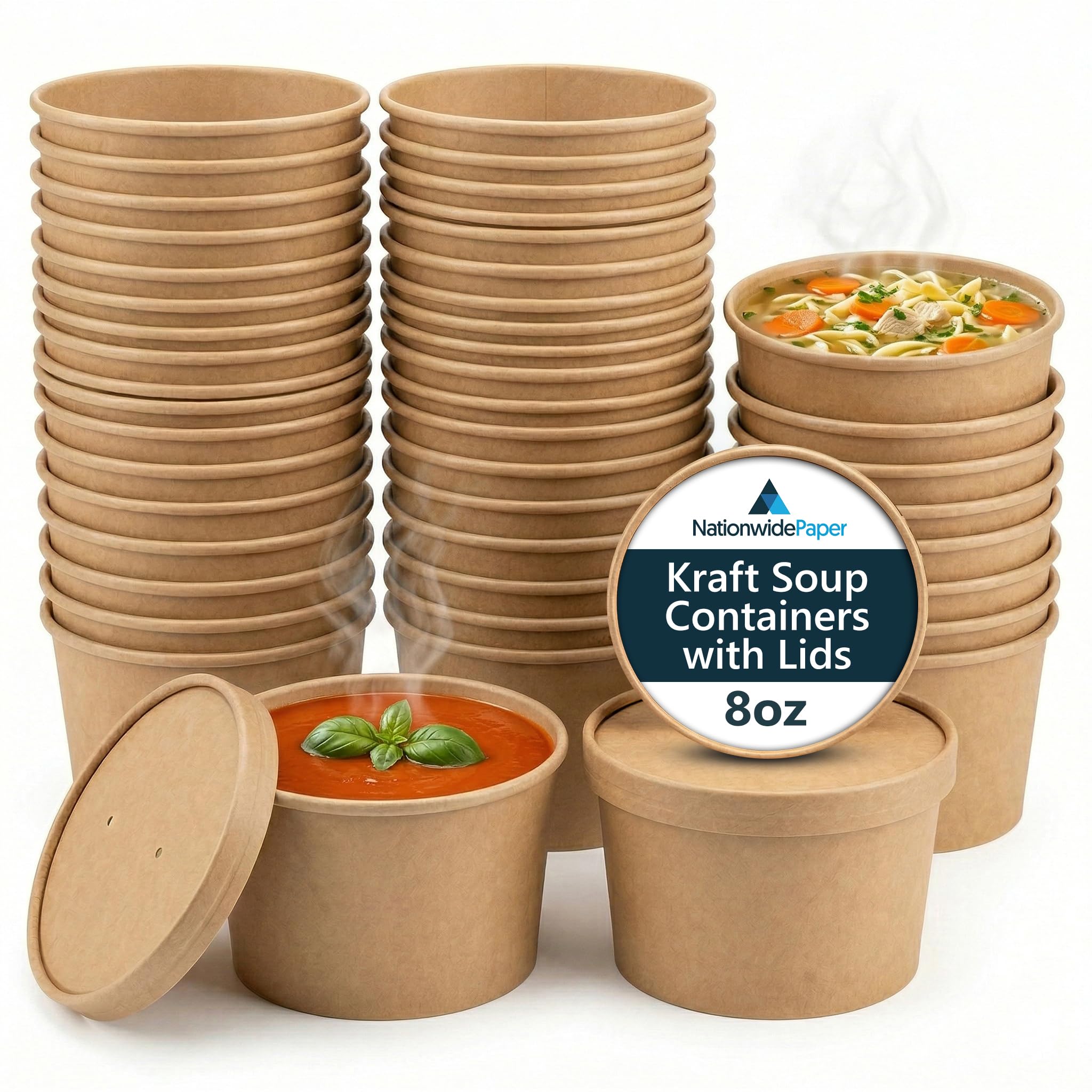 Nationwide Paper 8oz Brown Kraft Disposable Soup Containers with Lids 50 Pcs of Paper Soup Bowls Takeaway Tubs Perfect for Ice Cream and Deli Containers (230ml) — image 1