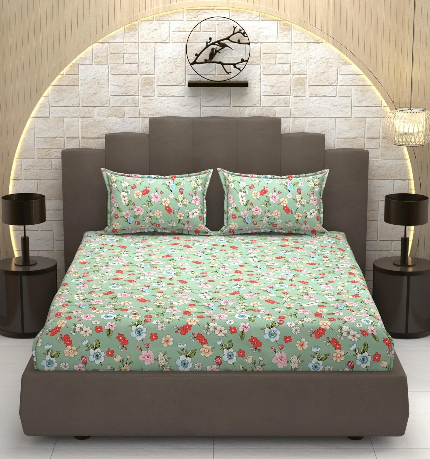 DECOMIZER King Size Double Bed Bedsheet with 2 Pillow Covers, 72 x 78 x 10 Inches, Green Small Flower, 300TC Cotton, Elastic Fitted, Glace Printed
