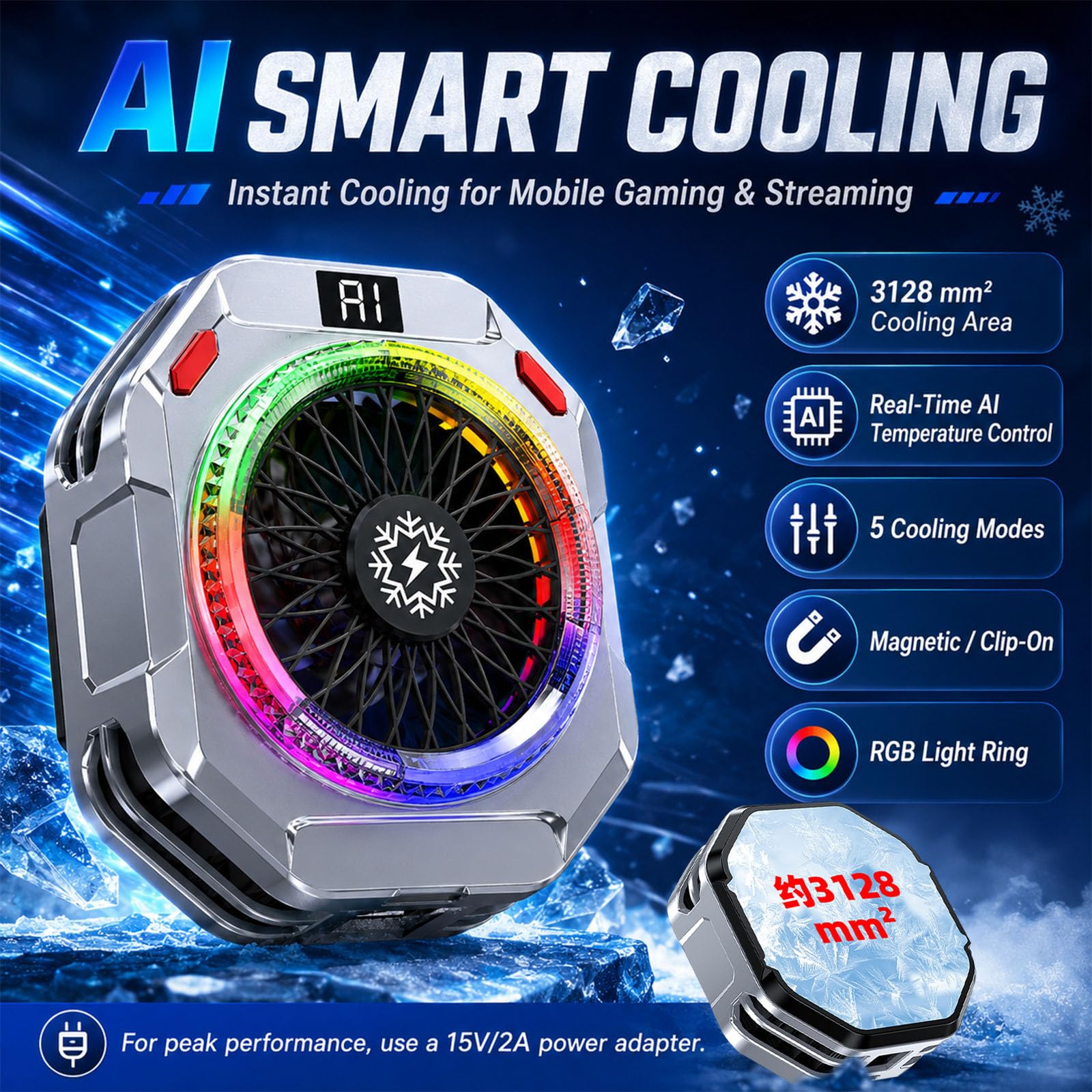 Raffreddatore Telefono Magnetico e Ventola per Telefono: Controllo Intelligente Temperatura, 5 Modalità, Flusso Aria Verticale, Led, Per Smartphone Compatibili con iOS/Android