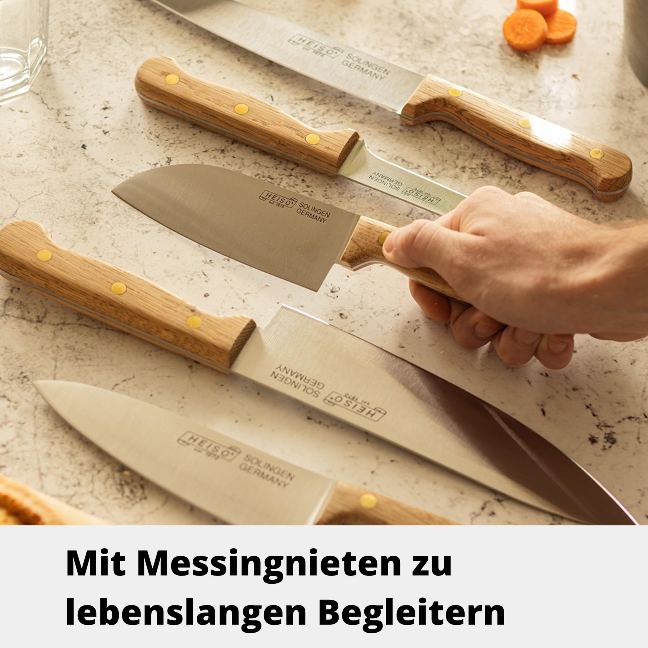 HEISO Santokumesser 13cm – Gustav – handgefertigt in Solingen aus rostfreiem Edelstahl, Griff aus heimischer Eiche, deutsche Manufakturqualität