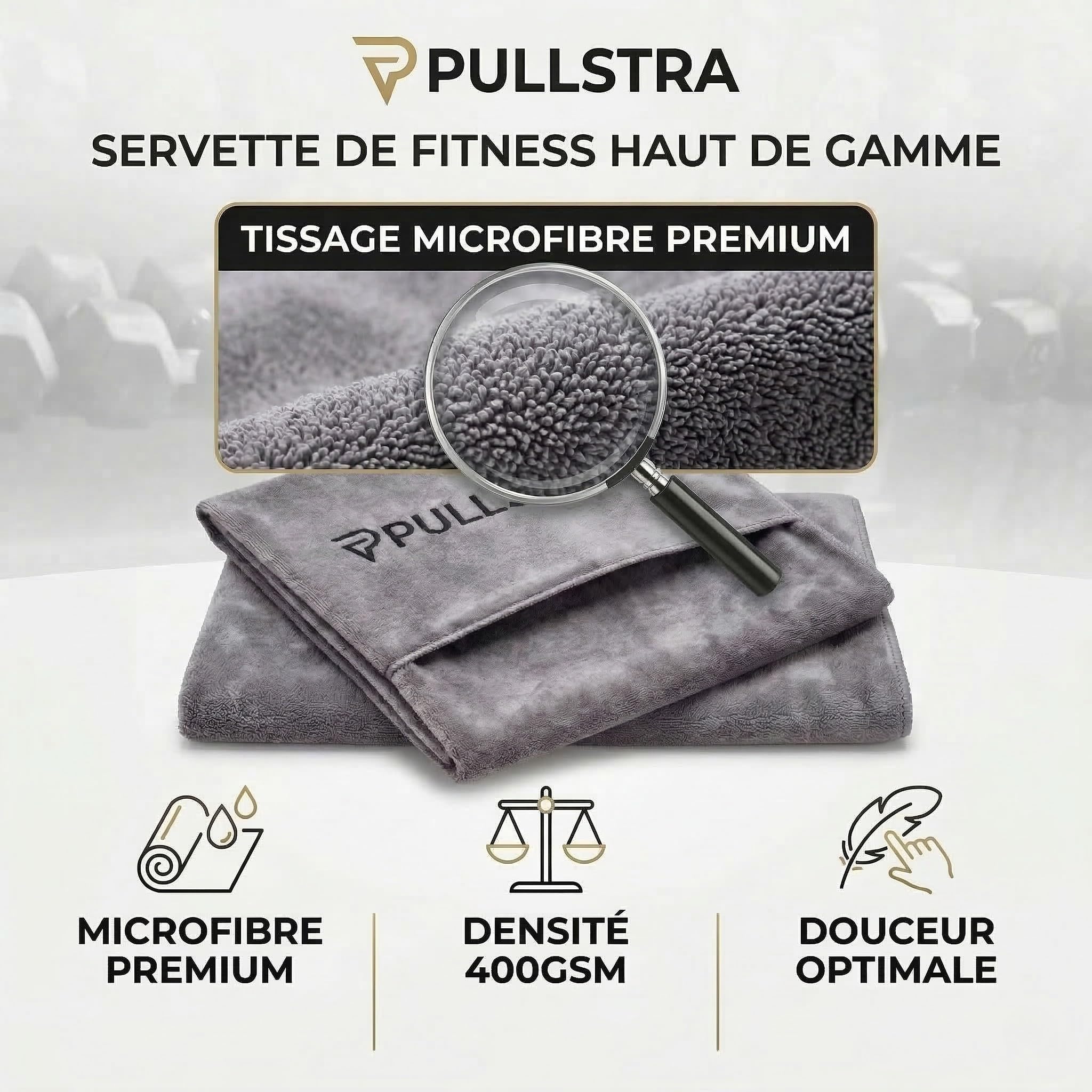 Serviette Sport Musculation Microfibre - PULLSTRA - 100x40 Cm - Poche Pour Banc - Séchage Rapide - Légère - Absorbante - Homme & Femme (Gris)