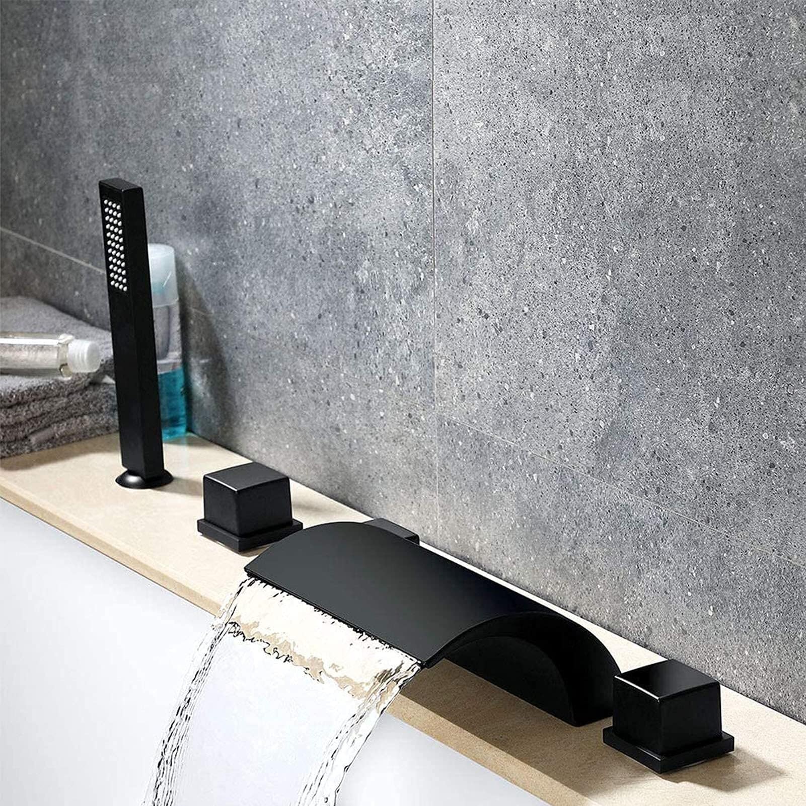 Grifo de bañera Cascada Negro Mate, Moderno Grifo de bañera de 5 Orificios para Montaje en Cubierta, llenador de bañera Romana con Ducha de Mano, Grifo Mezclador de Ducha para baño