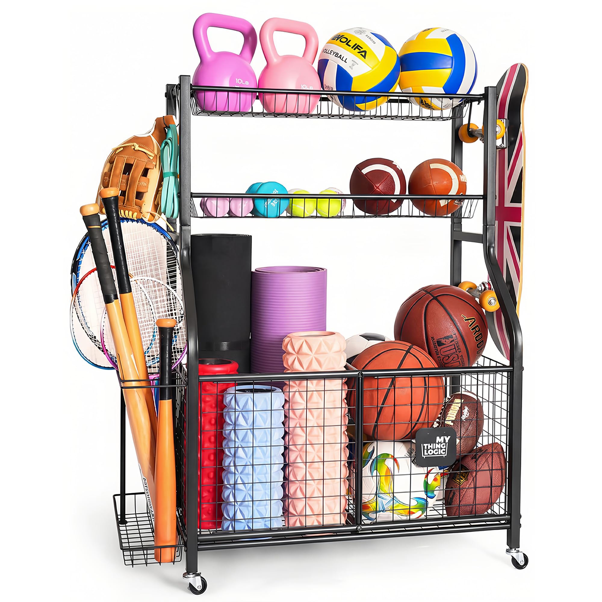 Mythinglogic Sports Equipment Garage Organizer,Garage Ball Storage for Sports Gear and Toys, Rolling Ball Cart with Wheels for Indoor/Outdoor Use