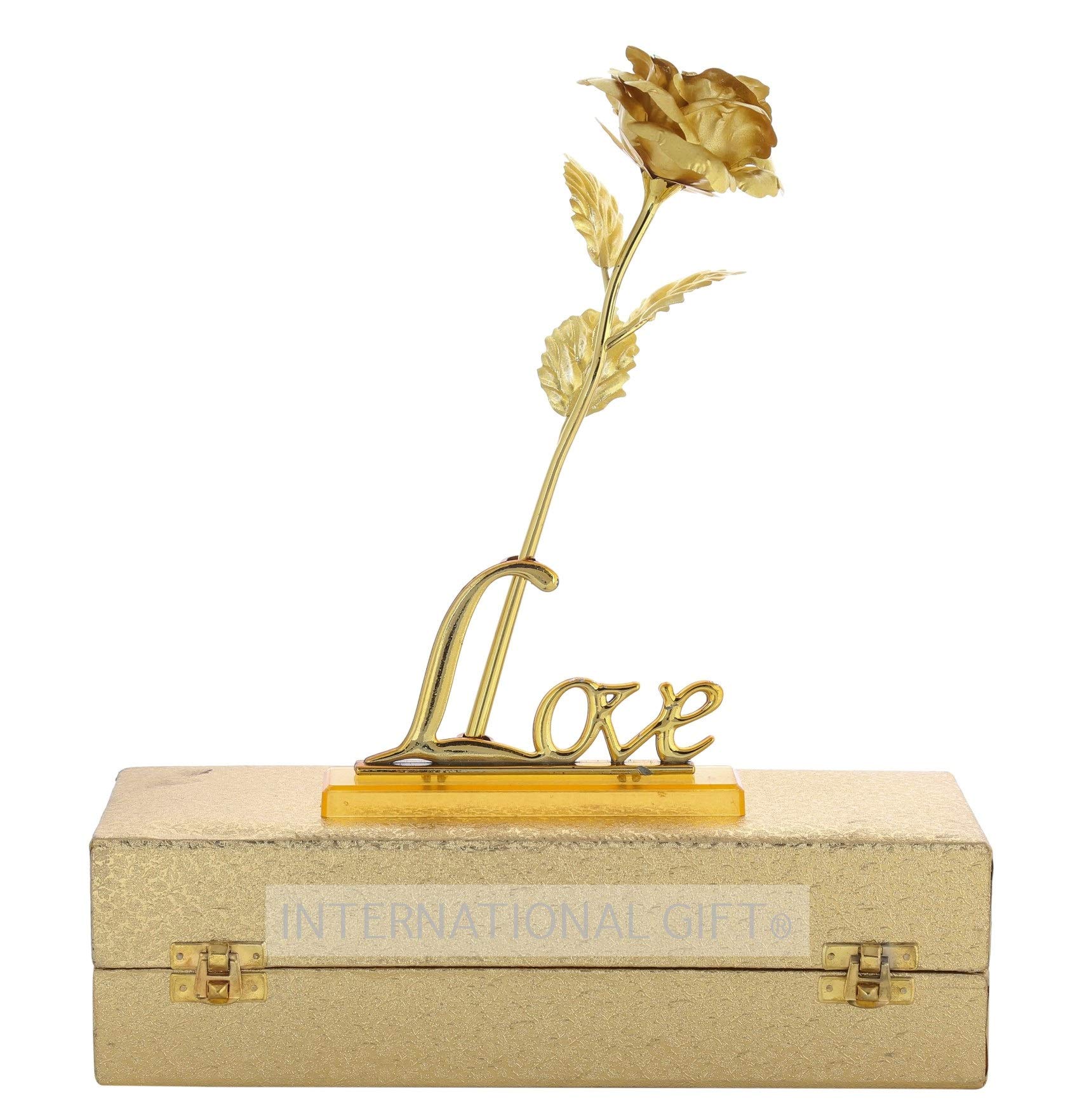 Golden Rose Flower with Golden Leaf with Love Shape Stand and Luxury Golden Gift Box-image-16