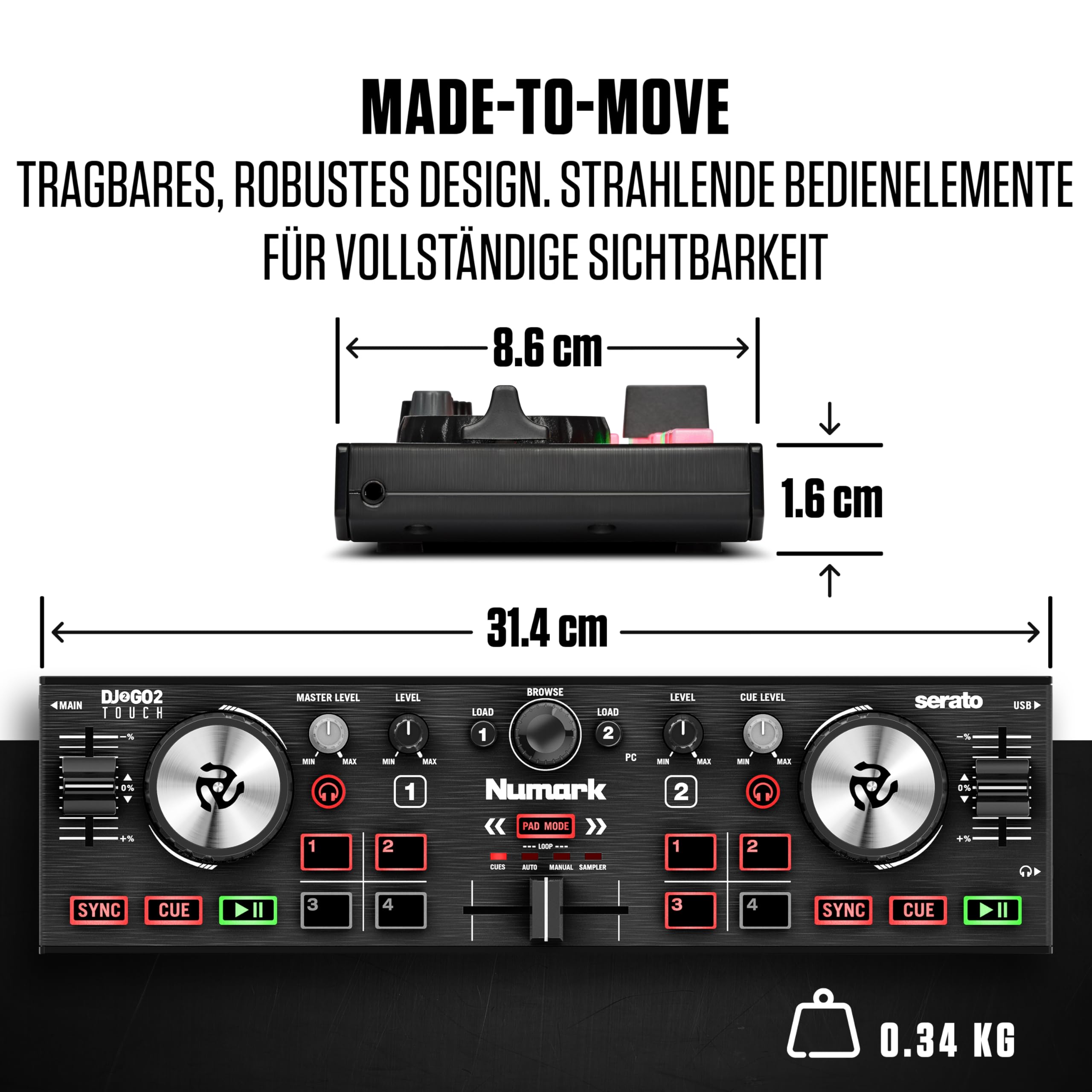 Numark DJ2GO2 Touch Kompakter DJ-Controller | Tragbar, 2-Deck, DJ-Mixer, Touch-kapazitive Wheels, Integriertes Audio-Interface und Serato DJ Lite, Gen 3