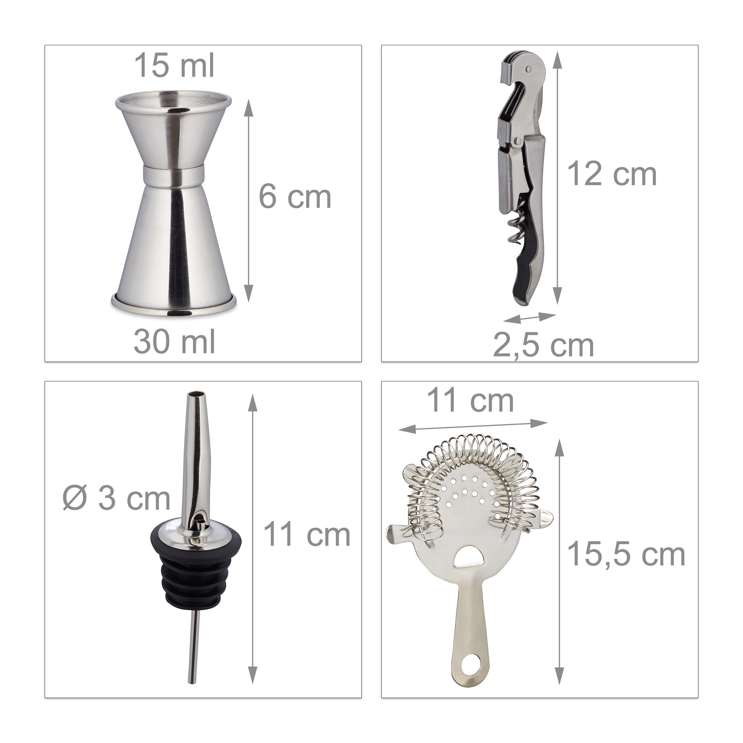 Relaxdays Set da Cocktail, 11 Accessori per Barman, Kit con Supporto, Shaker, Misurino, Pinza Ghiaccio, Argento Naturale