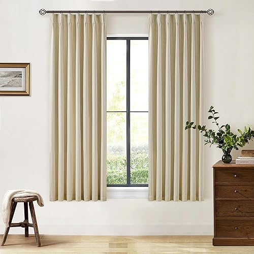 Miniatura 91 de Cortinas de lino 100% opacas de 90 pulgadas con pliegues de 2 paneles para sala de estar, con pestaña trasera plisada, cortinas oscuras con forma de