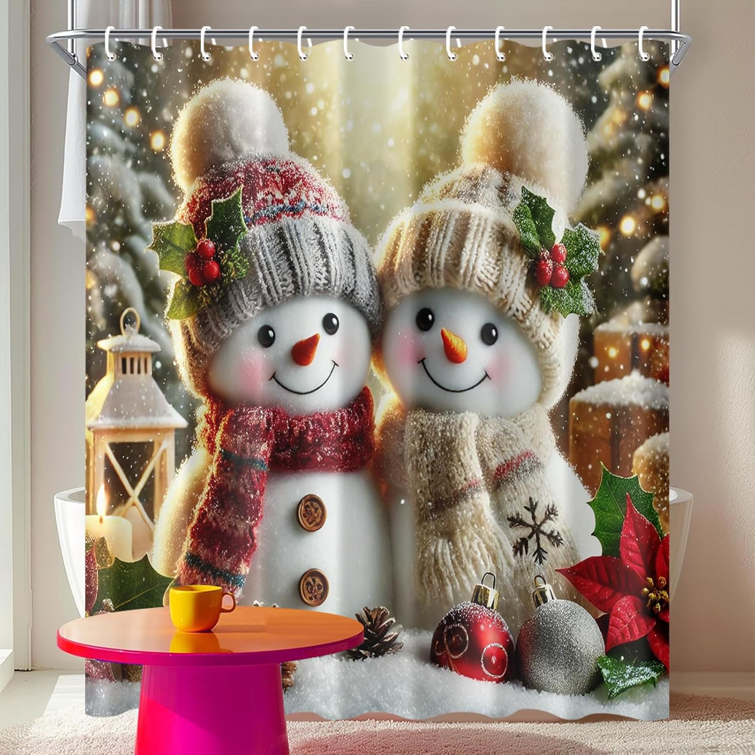 Christmas Snowman Shower Curtain 72x72 Inch Holiday Bathroom Curtain with Winter Scene Fabric for Xmas Home or Guest Bathroom Decor