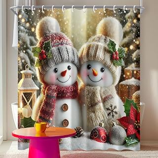 Christmas Snowman Shower Curtain 72x72 Inch Holiday Bathroom Curtain with Winter Scene Fabric for Xmas Home or Guest Bathroom Decor
