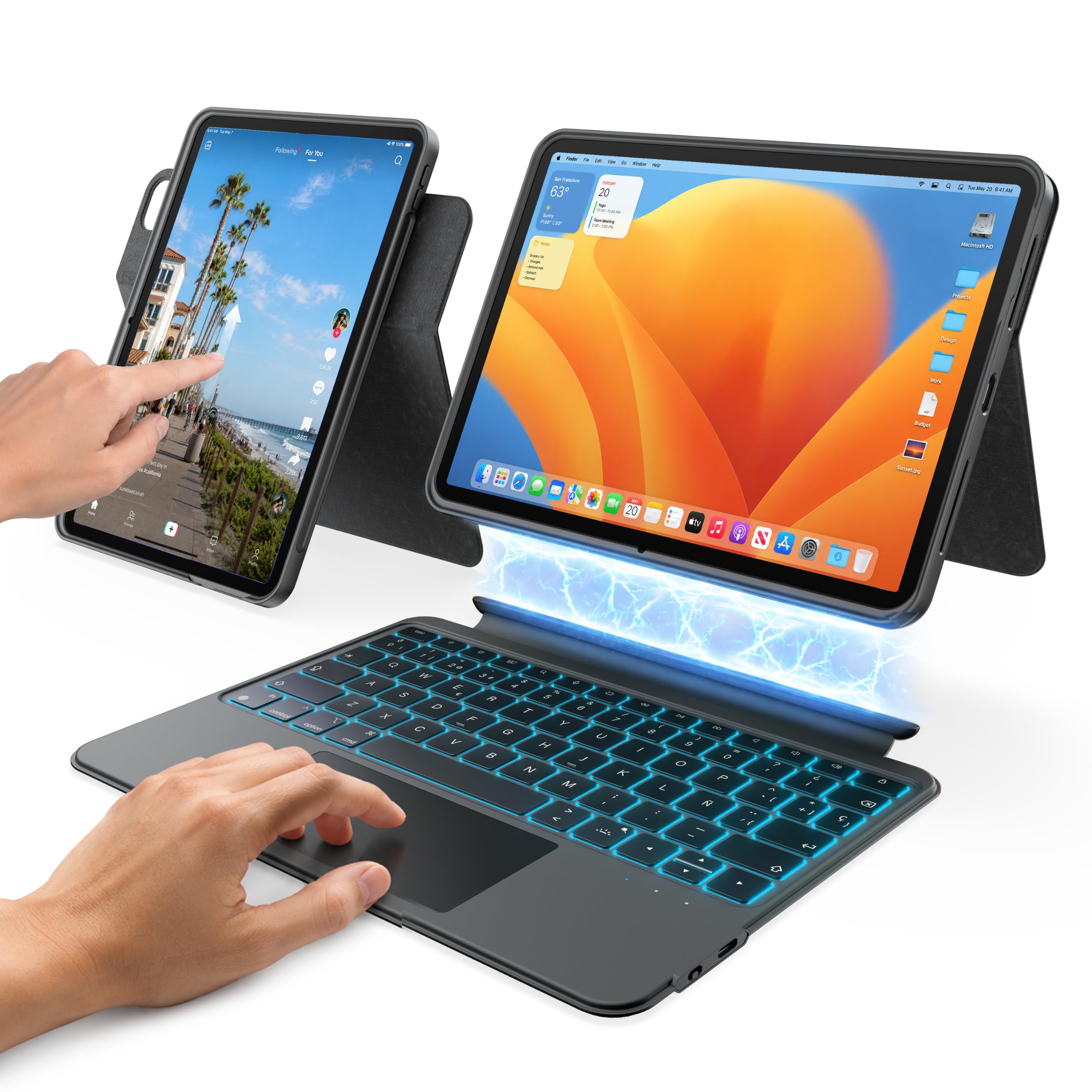 HOU Combo Teclado iPad 9.ª generación(10,2",2021),8.ª 2020/7.ª generación 2019.Trackpad multitáctil, retroiluminación de 7 Colores,giratoria y Desmontable,Modo Vertical/Horizontal,Español Ñ Negro.