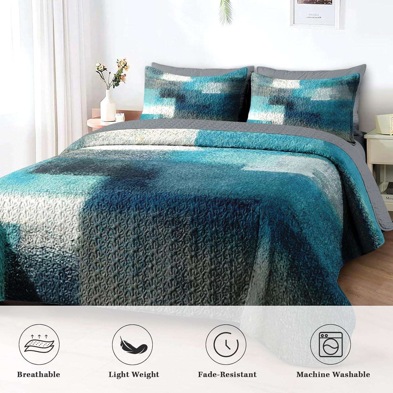 Pamnest Quilt Set Full/Queen Size, Turquoise Grey Painting 3 Pcs Soft Bed Cover Bedding Set for Kids and Adults, Teal Contemporary Gray Lightweight Bedspread Coverlet with Pillow Sham for All Season
