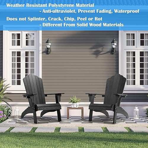 Miniatura 4 de hOmeHua Silla Adirondack de plástico de gran tamaño resistente a la intemperie con soporte para tazas, rayas de madera de imitación, fácil de montar