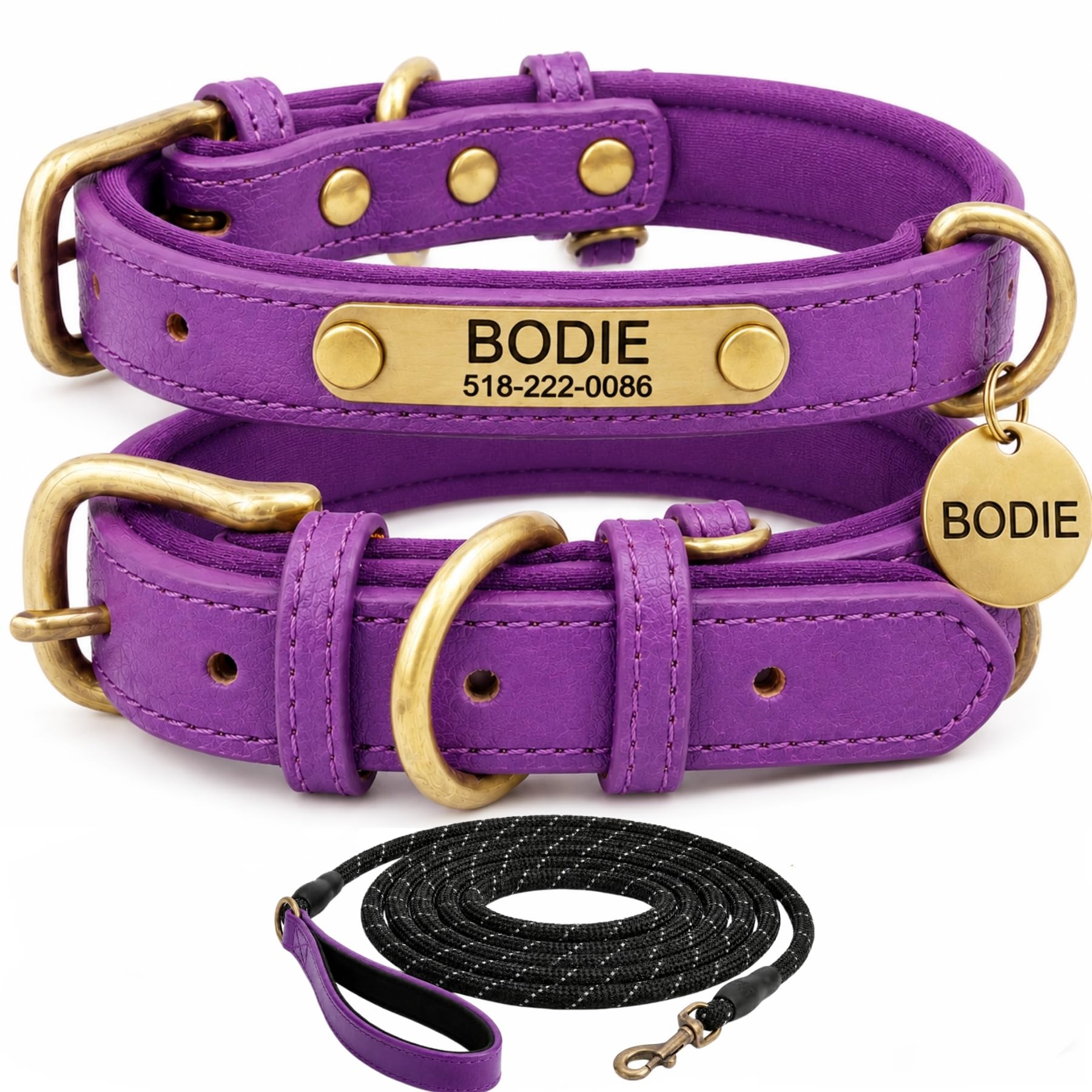 Personalised Leather Dog Collar with Engraved ID Name Plate, Adjustable Comfortable Fit for Small Medium and Large Dogs, Custom Puppy and Adult Dog Collar for Daily Walking