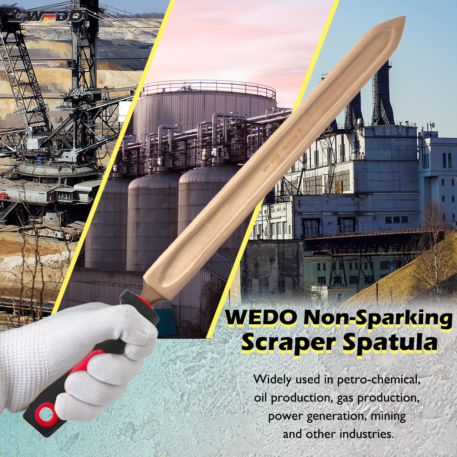 WEDO Coltello raschietto non scintillante, lama lunga 160 mm, larghezza punta triangolare 22 mm, lunghezza totale 280 mm, rame berillio, non magnetico, resistente alla corrosione, manico in fibra di