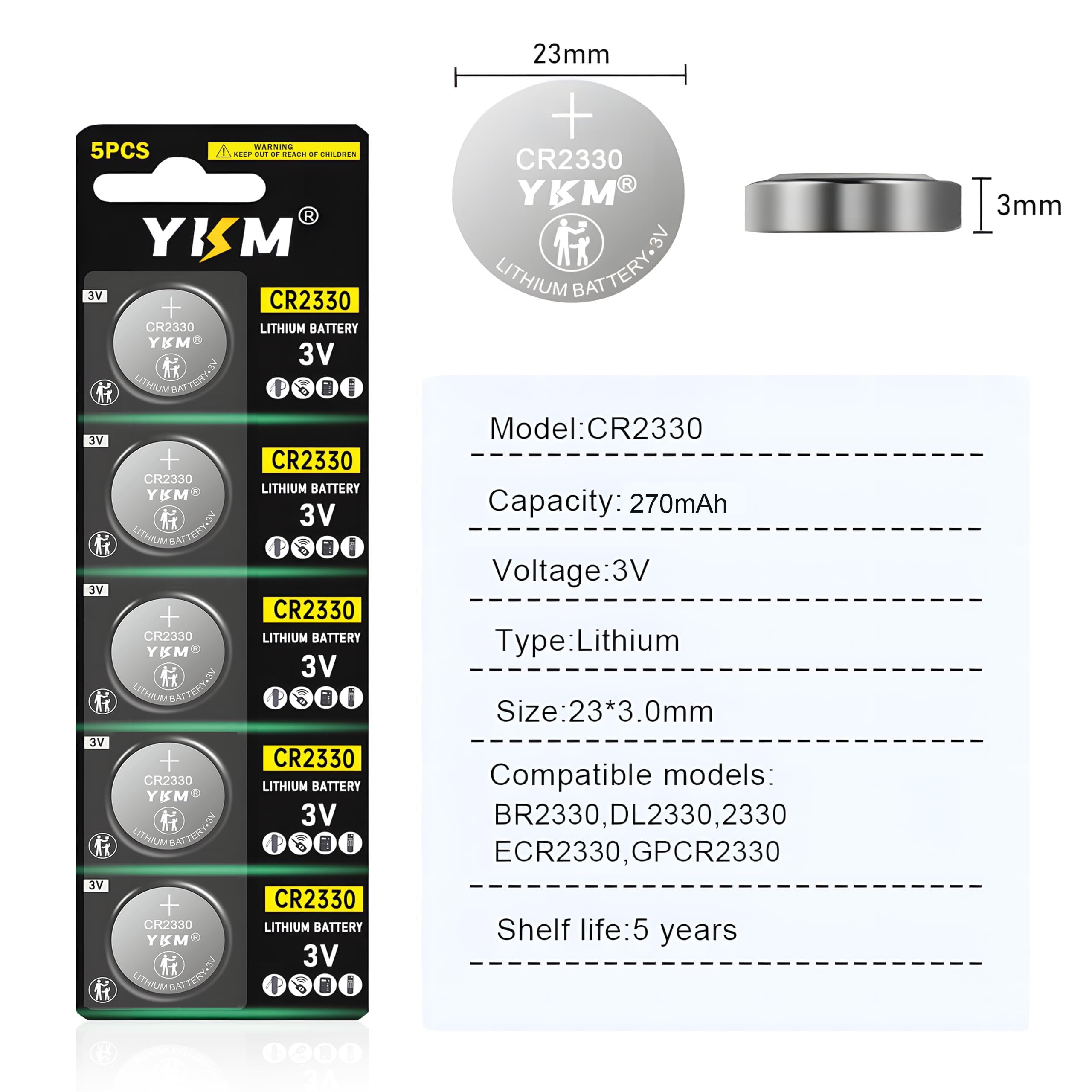 YKM CR2330 Battery ECR2330 BR2330 CR 2330 Lithium 3V Battery for Car Remote Coin Cell Battery 5 Pack