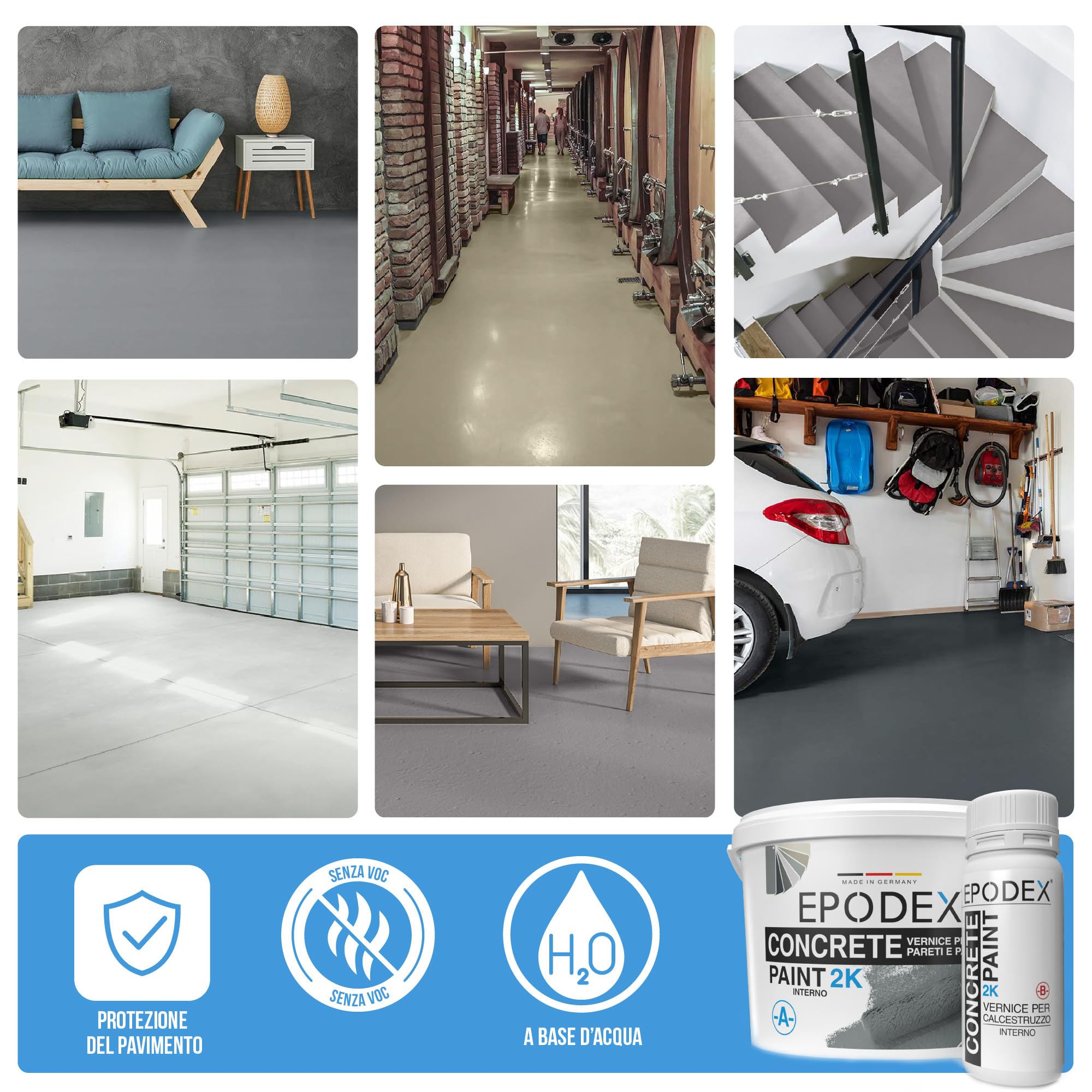 EPODEX 2K Vernice per calcestruzzo, Vernice per pavimenti interni in cemento, pavimento garage, cantina, officina, impermeabile, 1,8kg - 4,5m² per 2 mani - Industry