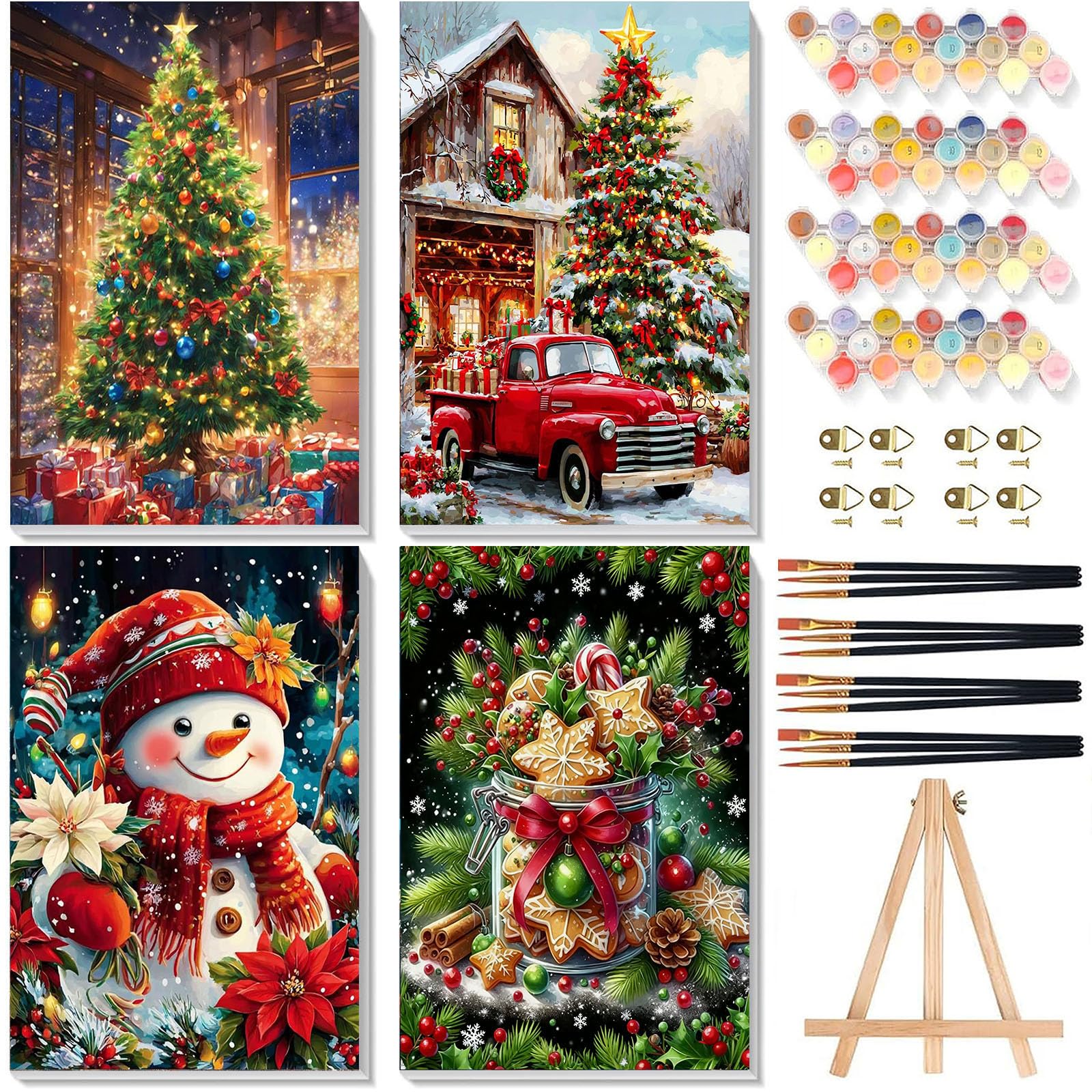 Christmas Paint by Numbers for Adults with Framed Canvas & Wooden Easel, 4 Pack Painting by Number Kit Beginners on Canvas, Xmas Acrylic Oil Painting Kit with Brush for Home Wall Decor (8x12 inch) — image 1