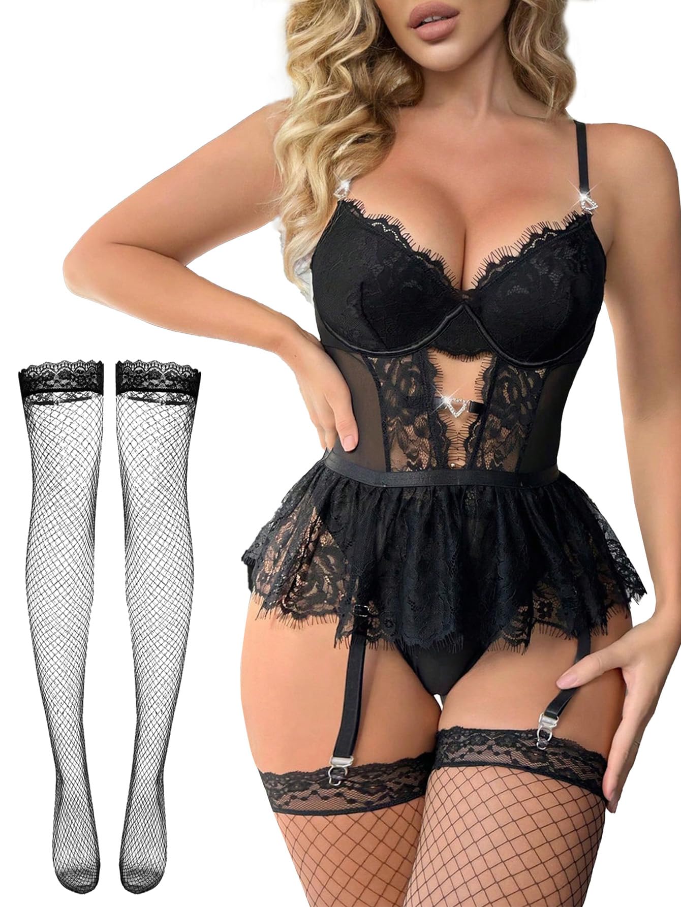 Women Lingerie Set Naughty Lace Bodysuit High Waisted Underwire Lingerie Babydoll With Garter Belt and Stockings