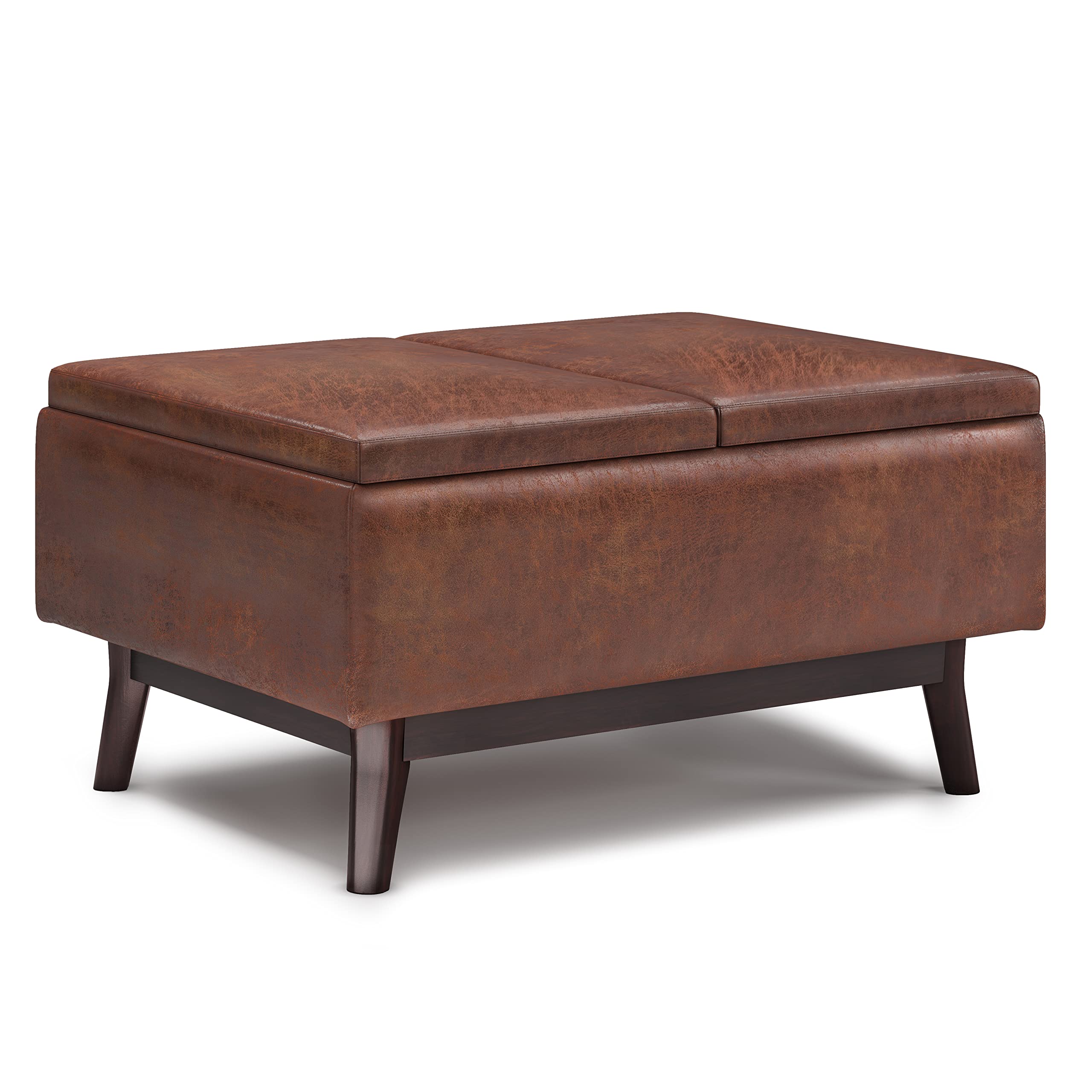 SIMPLIHOME Owen 34 inch Wide Square Tray Top Storage Ottoman, Cocktail Footrest Stool- in Upholstered Distressed Saddle Brown Faux Leather, Mid Century Modern