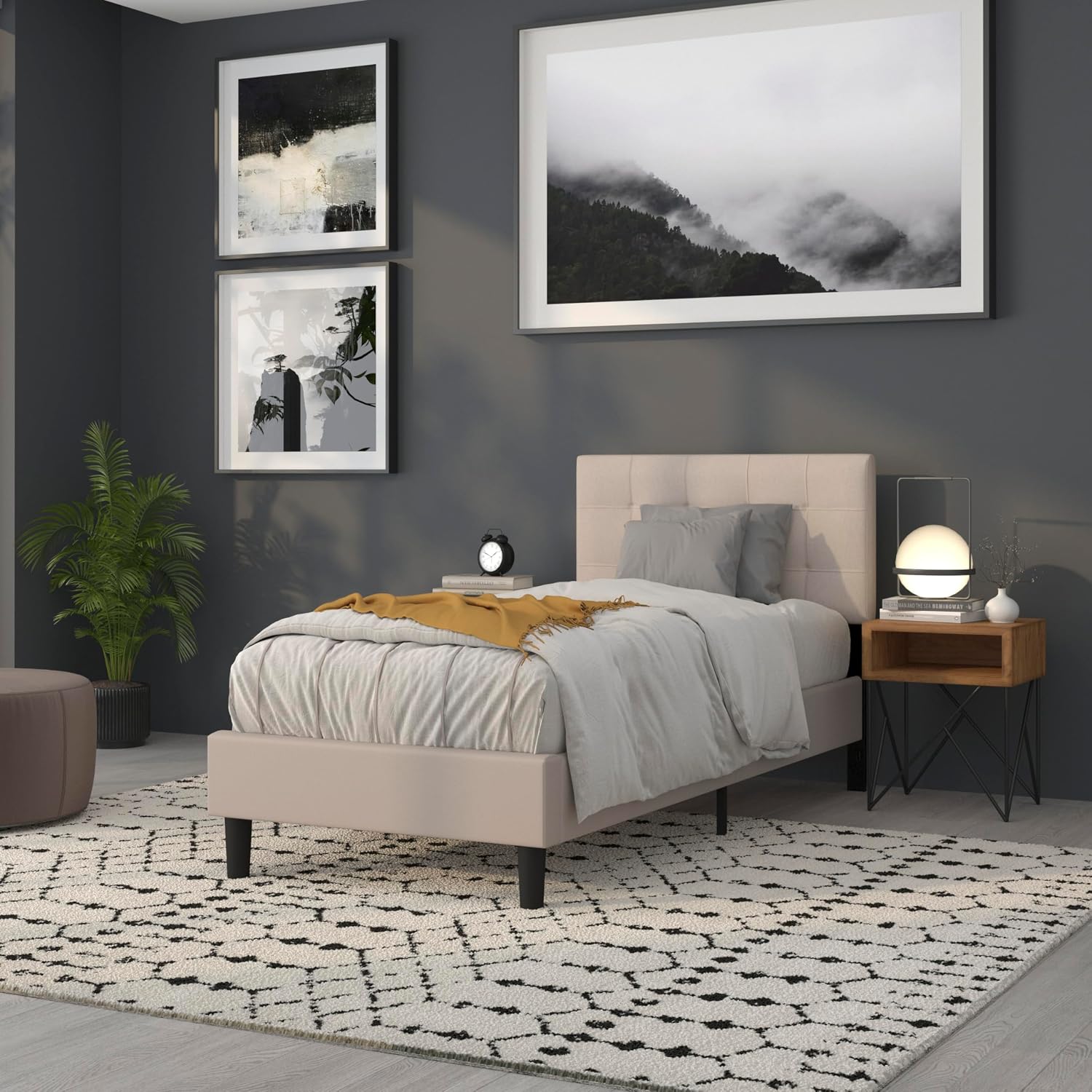 Flash Furniture Bedford Box Stitch Tufted Upholstered Twin Size Headboard in Beige Fabric