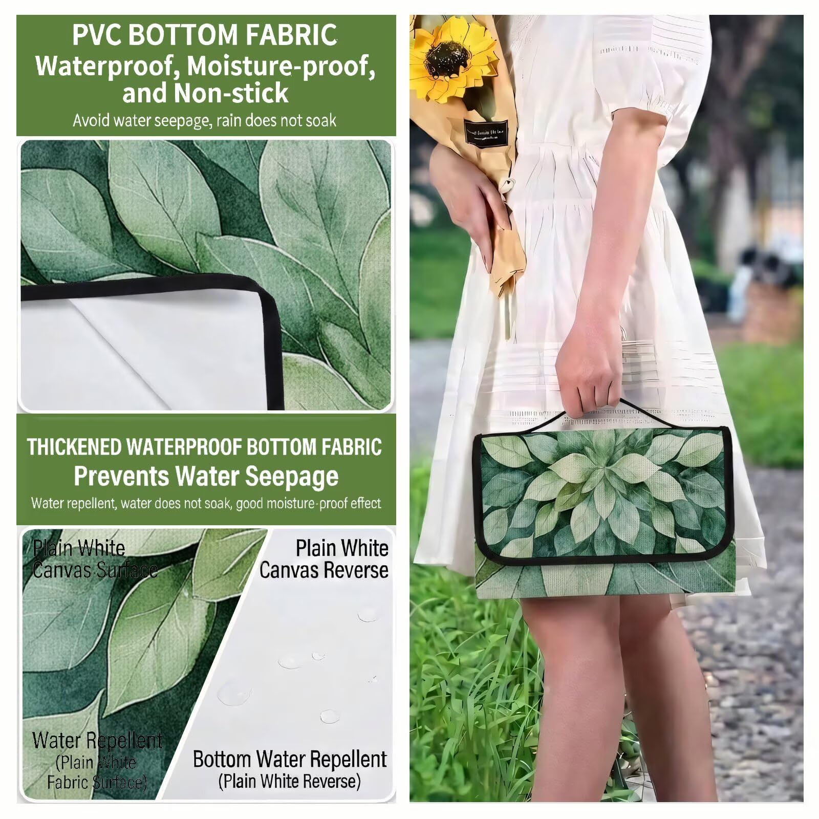 Couverture Pique Nique Grande 200x300cm,Outdoor Couverture Imperméable,Pliable Tapis de Plage Dos en PVC,Picnic Blanket pour Camping Accessoires,Jardin,Parc - Couleur œuf de Canard,Feuilles UZ-665
