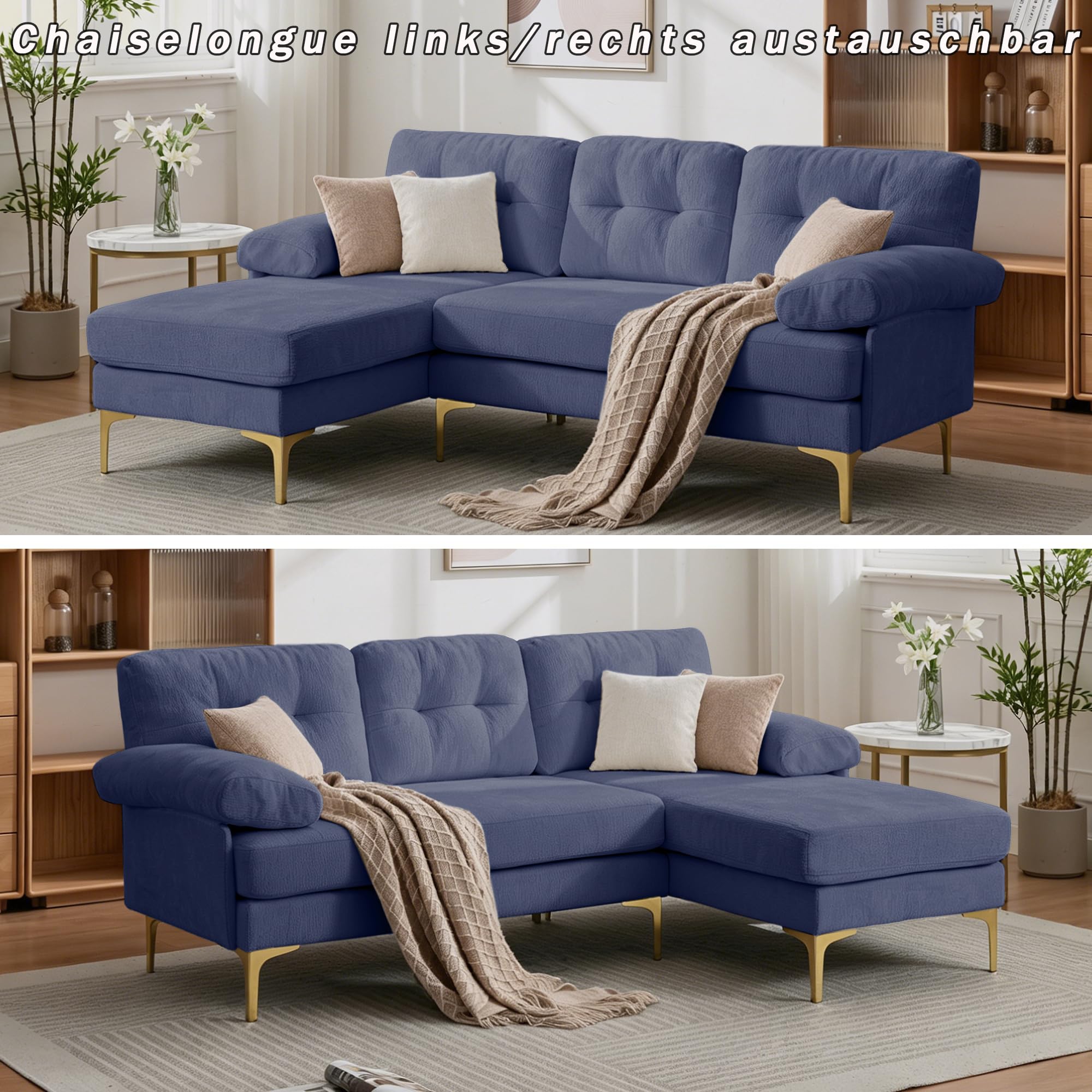Divano angolare modulare a forma di L, 187 cm, con funzione letto, in morbida ciniglia e piedini in metallo, comodo divano con seduta profonda, per soggiorno e camera da letto, blu