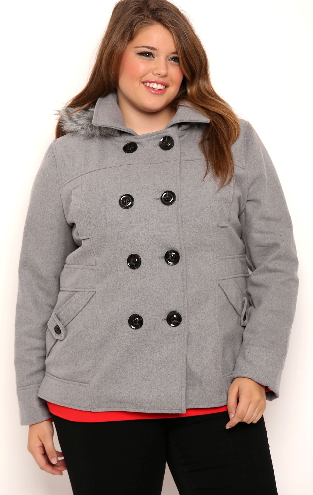 DEB Junior Plus Size Double Breasted Wool Coat with Fur Trimmed Hood