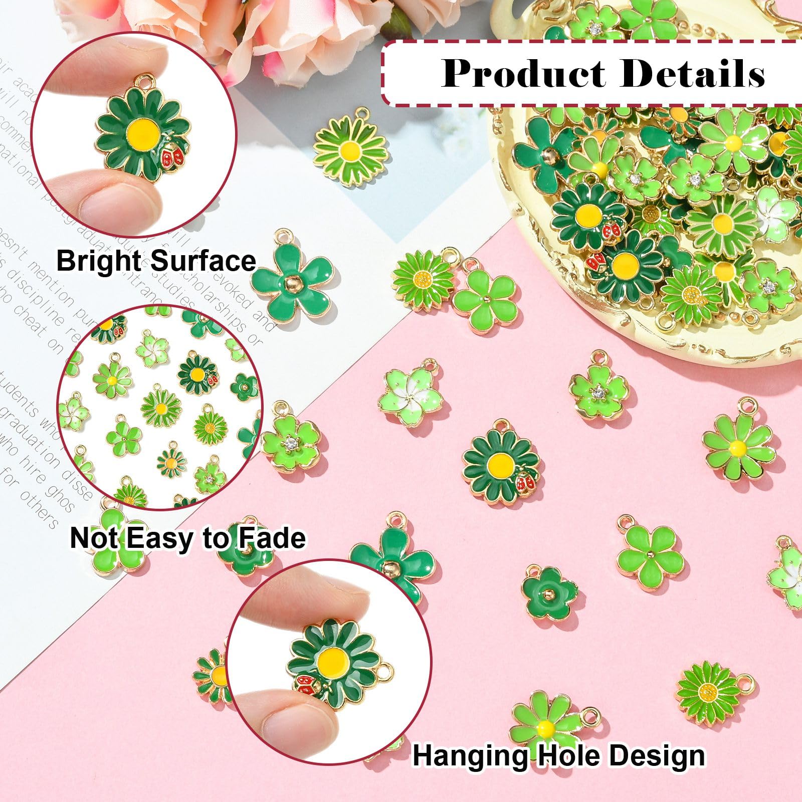 Stiesy 60Pcs 10 Style Enamel Flower Charms Green Small Flower Pendant Charm Daisy with Ladybird Charms Cherry Blossom Sunflower Alloy Charms for Jewelery Making Bracelet Crafting Necklaces Present - Image 3