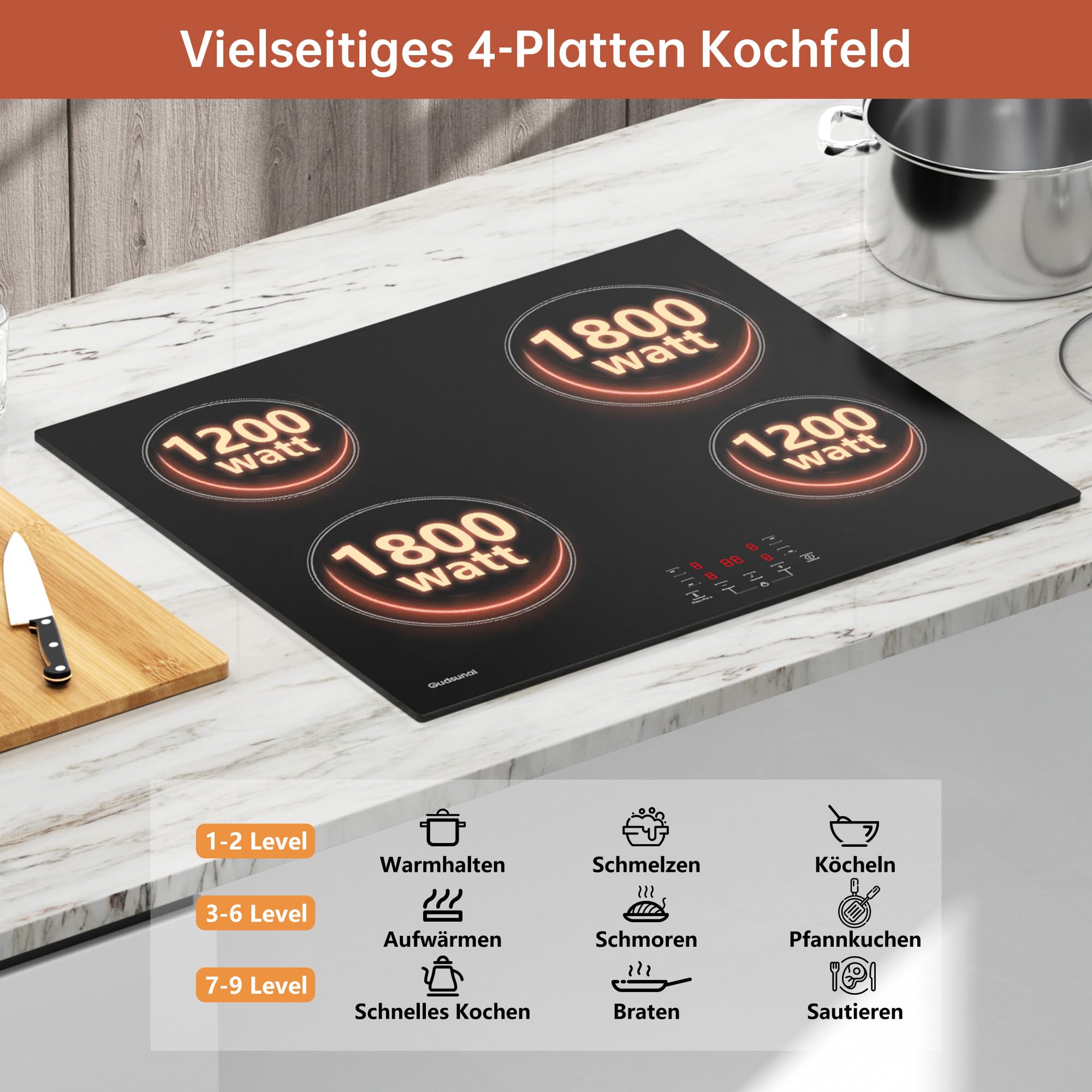 Kochfeld 4 Platten, Herdplatte 4 Kochfelder, 60 cm, 6000W, 9 Heizstufen, Warmhaltefunktion, Timer, Automatische Abschaltung, Kindersicherung, Glaskeramikkochfeld