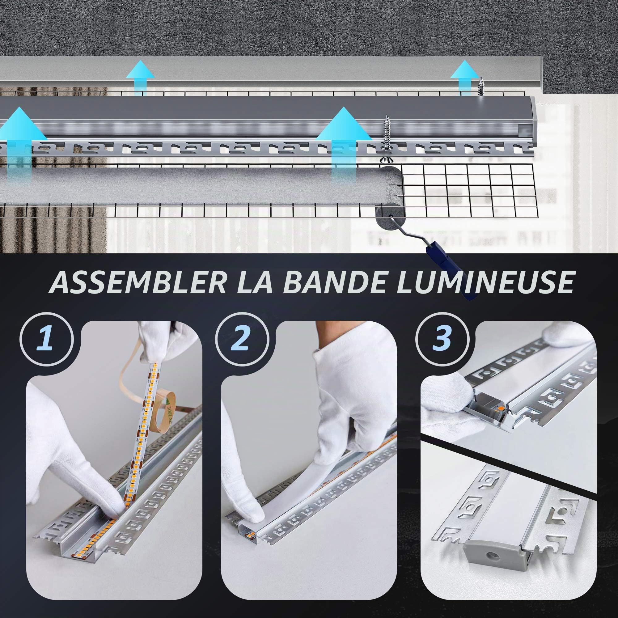 Profilé LED Encastrable pour Placo 2m × 12 Pièces, Profilé Aluminium 64,2×13,8mm Compatible Ruban LED ≤20mm, Rail LED avec Diffuseur, Goulotte Lumineuse pour Mur et Plafond