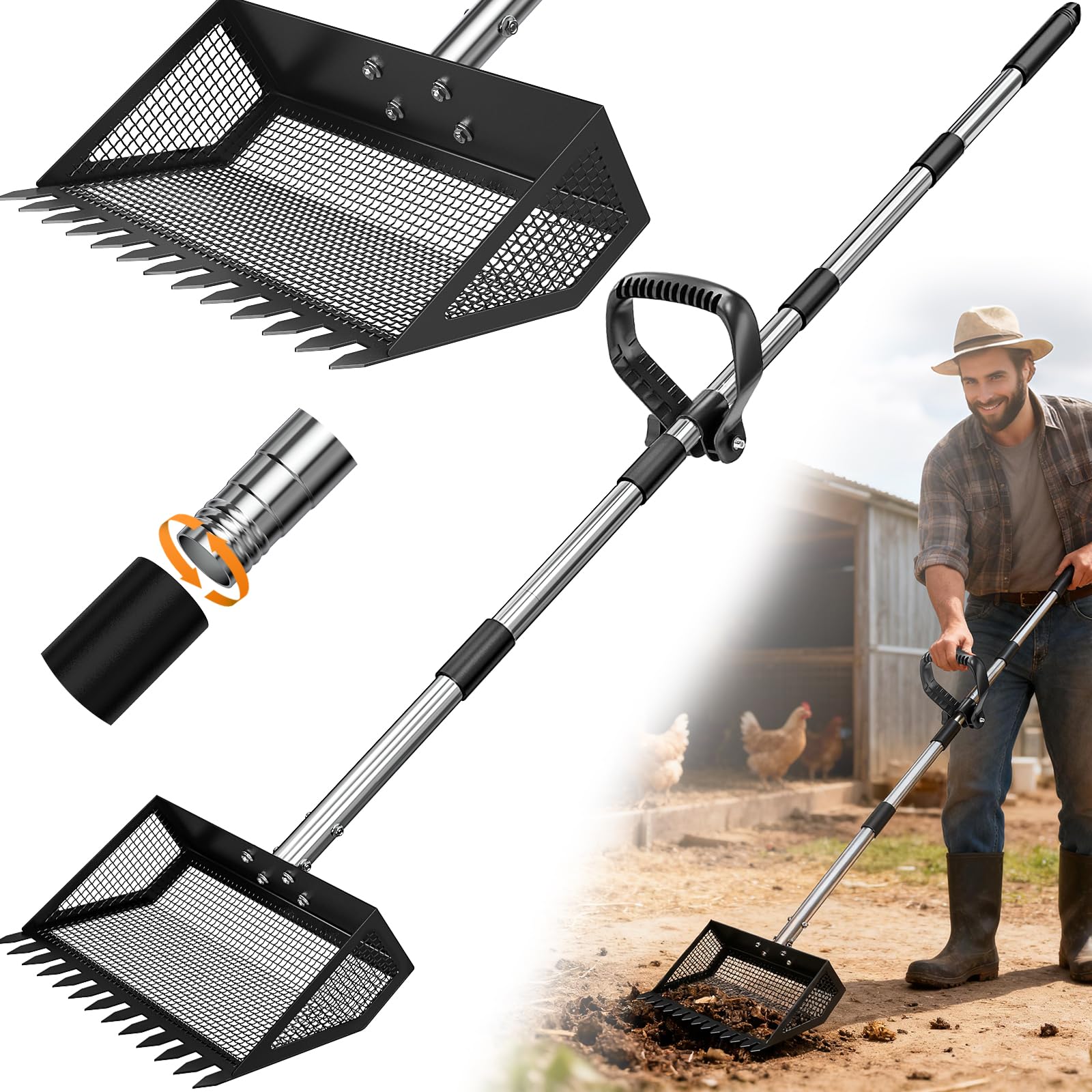 25.5cm Hühnerkotschaufel mit Ergonomischem Griff, Hühner Zubehör Siebschaufel Metall, 4-In-1 Verstellbare 89-190cm Chicken Poop Scooper Zum Reinigen von Hühnerställen Ziegenställen Ställen
