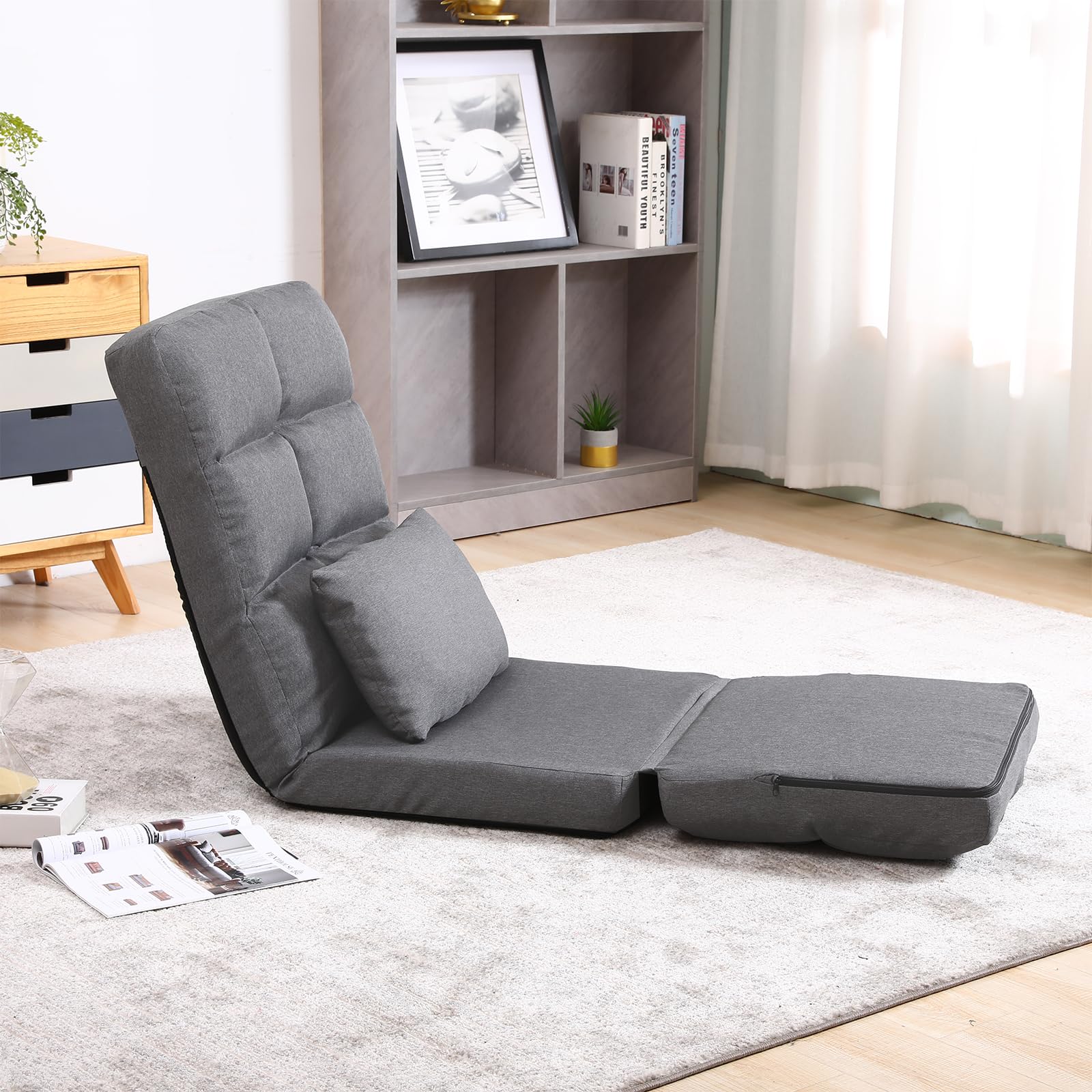 Fauteuil de Sol Réglable en 14 Positions, Chaise Paresseuse Avec Dossier, Pouvant Supporter Jusqu'à 160KG, Style Japonais